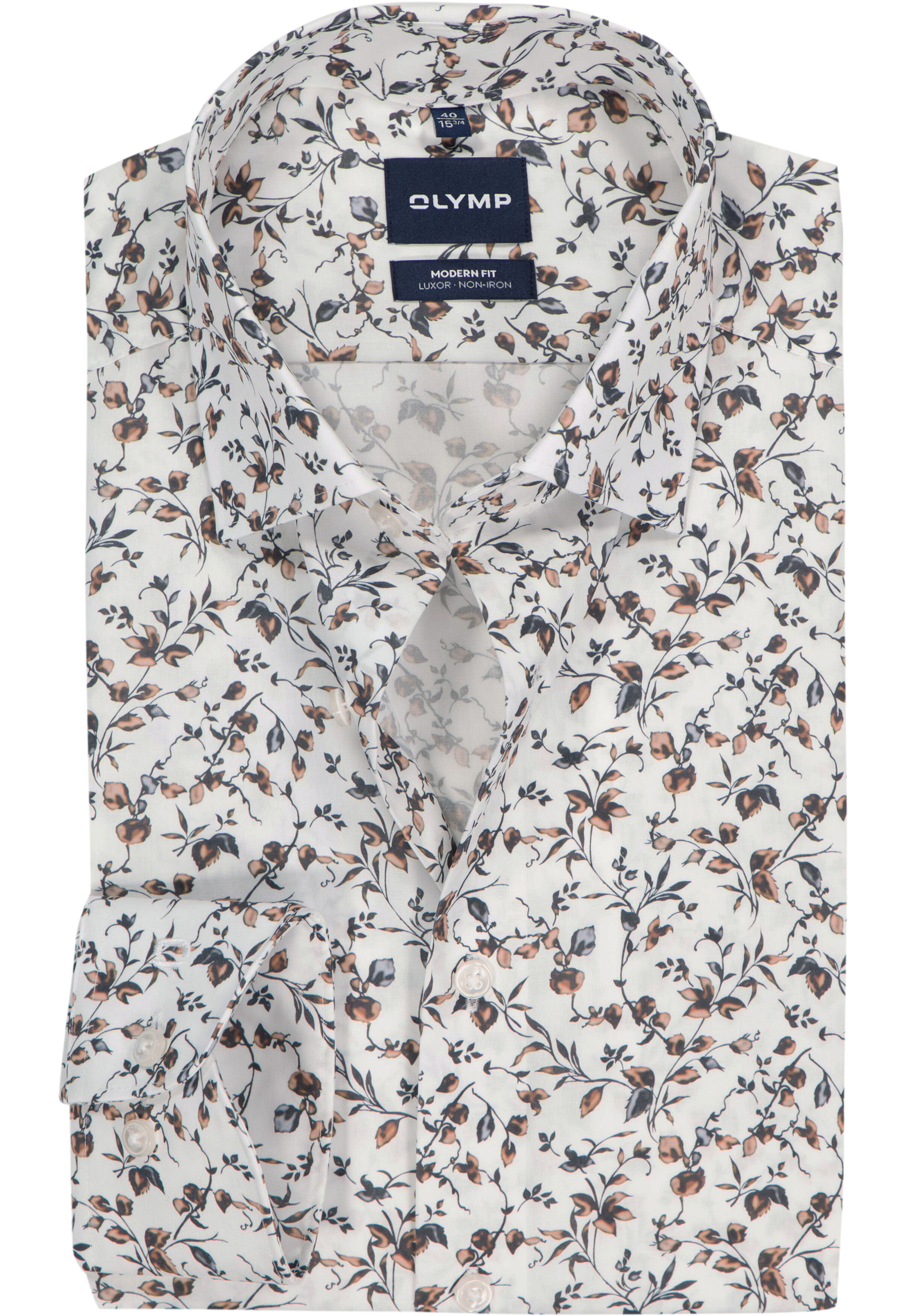 OLYMP Luxor modern fit overhemd, dobby, wit met groen en blauw dessin