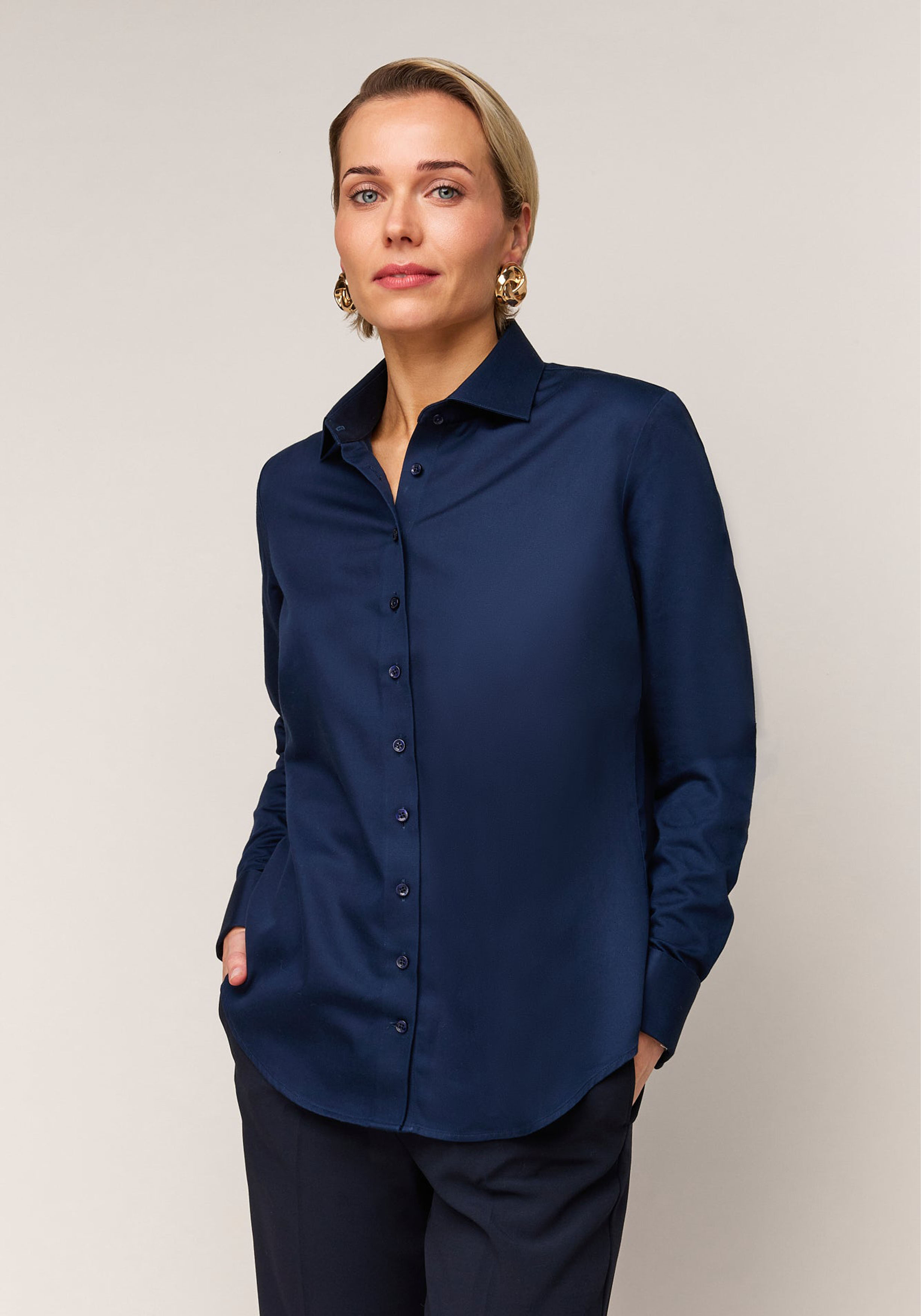 Vander Amsterdam damesblouse regular fit dubbele manchet, twill, navy