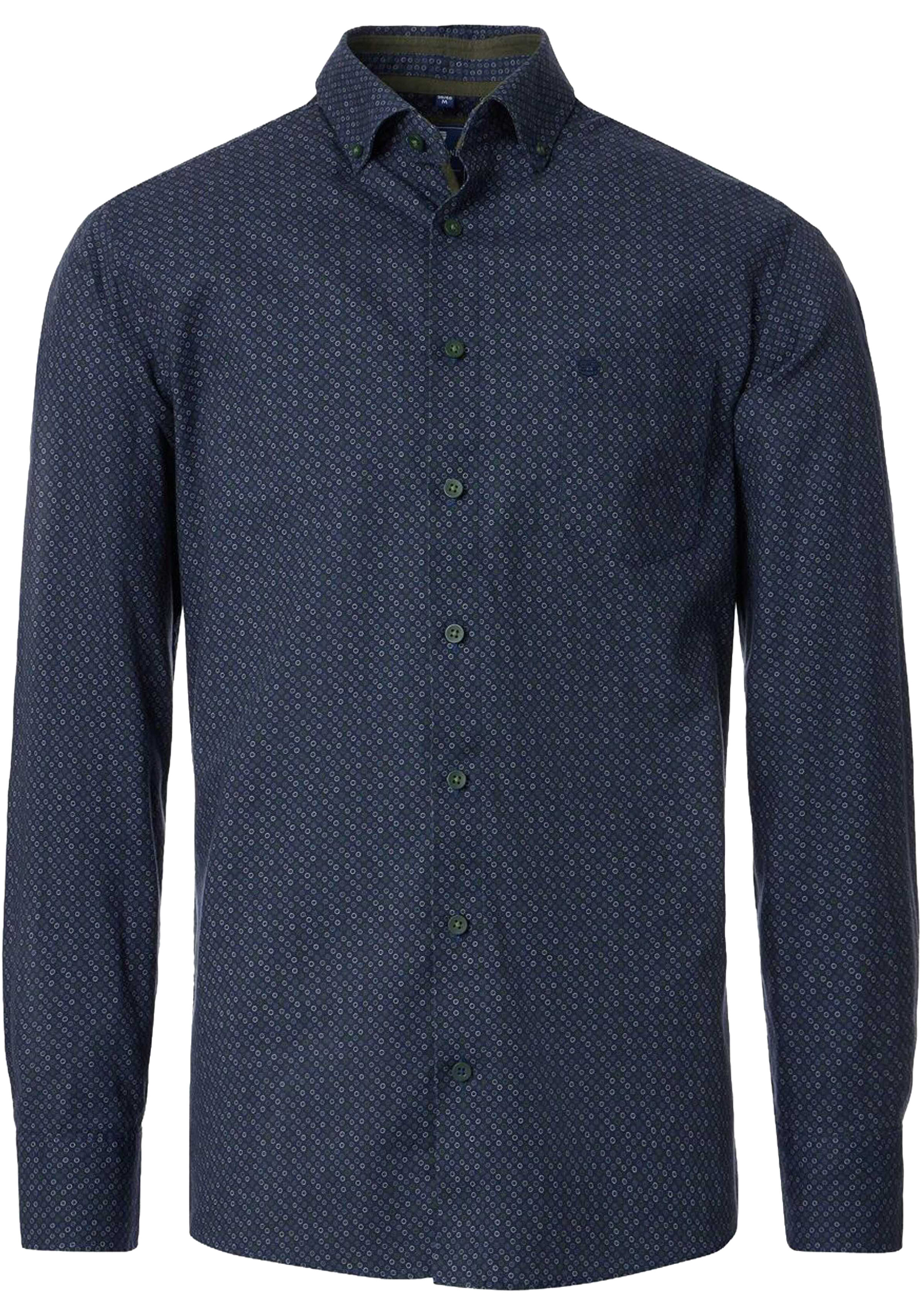 Redmond modern fit overhemd, popeline, donkerblauw met groen, wit en lichtblauw dessin