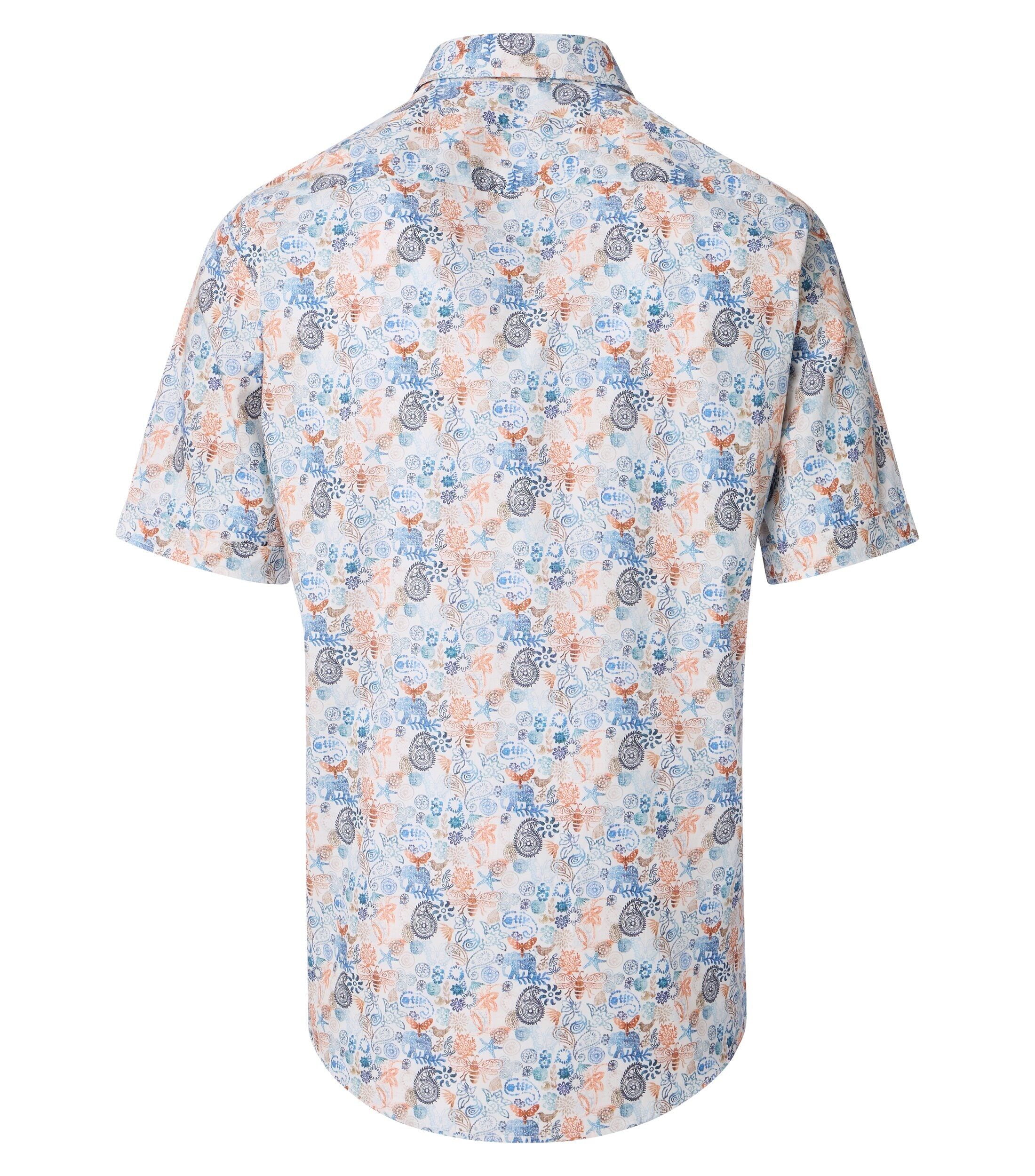CASA MODA Sport casual fit overhemd, korte mouw, popeline, wit met blauw en oranje dessin