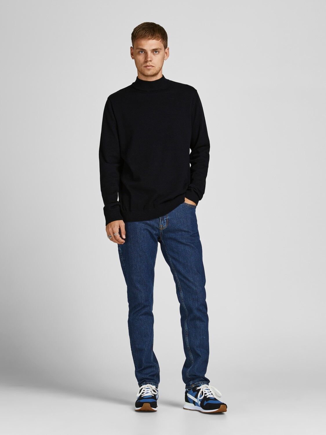 JACK & JONES Basic knit mock neck slim fit, heren pullover katoen met turtleneck, zwart