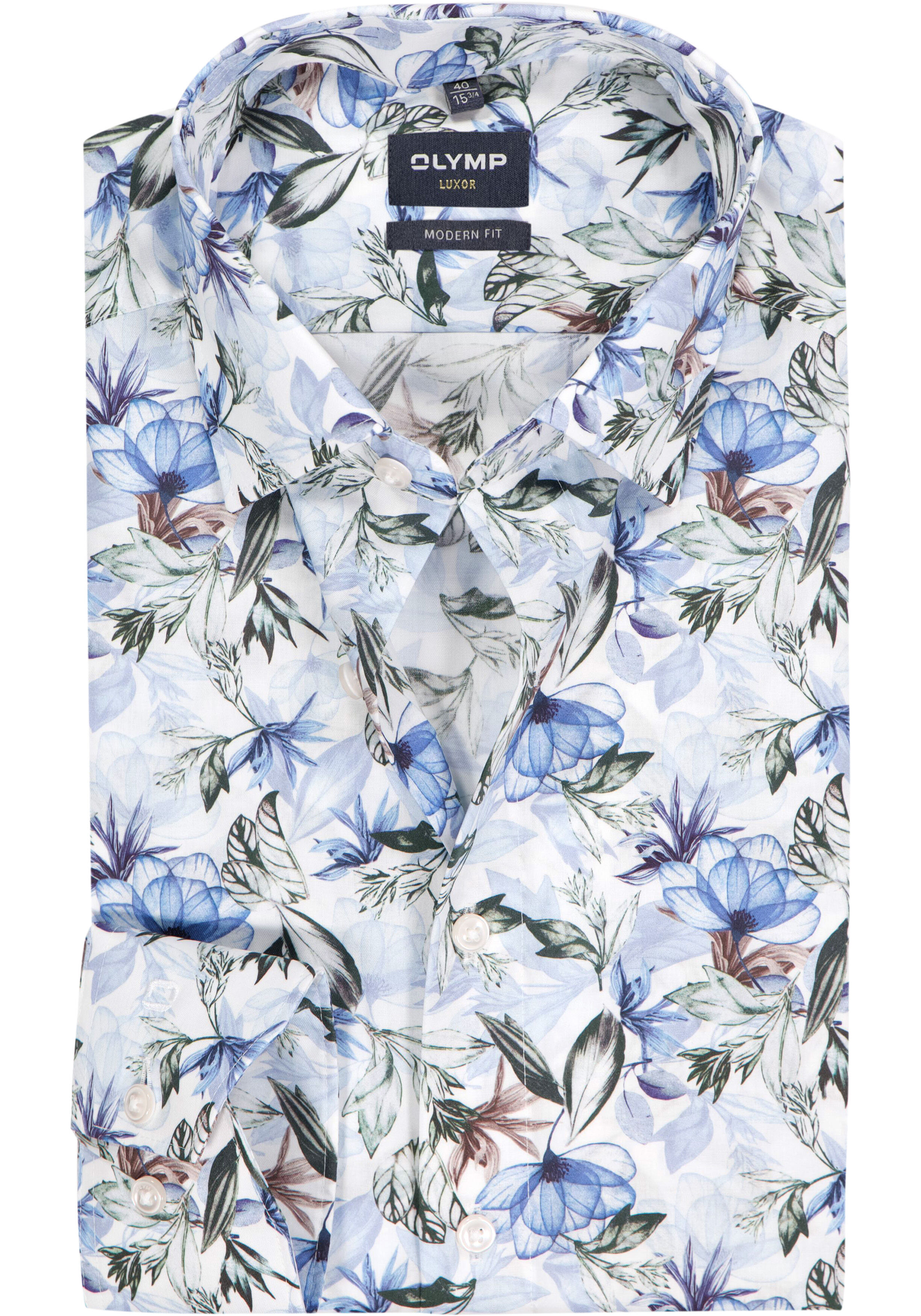OLYMP Luxor modern fit overhemd, dobby, wit met blauw en groen bloemen dessin