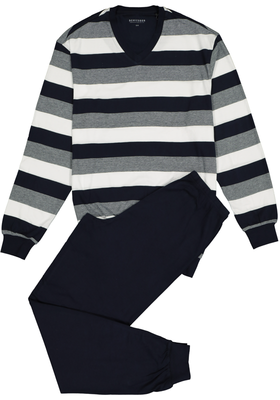SCHIESSER heren pyjama, V-hals, blauw met wit en grijs gestreept  SCHIESSER heren pyjama, V-hals, blauw met wit en grijs gestreept