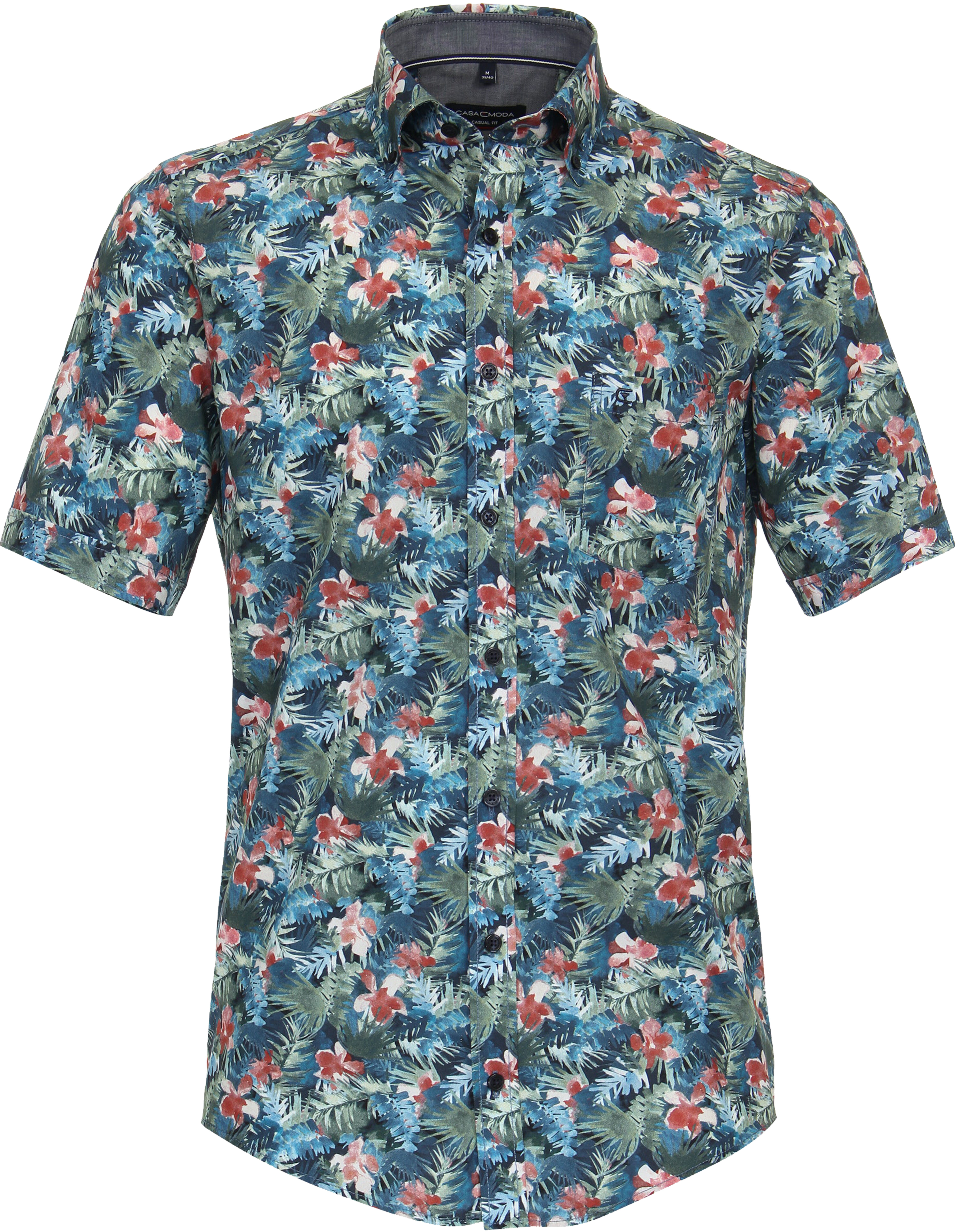 CASA MODA Sport casual fit overhemd, korte mouw, popeline, groen met blauw en rood dessin
