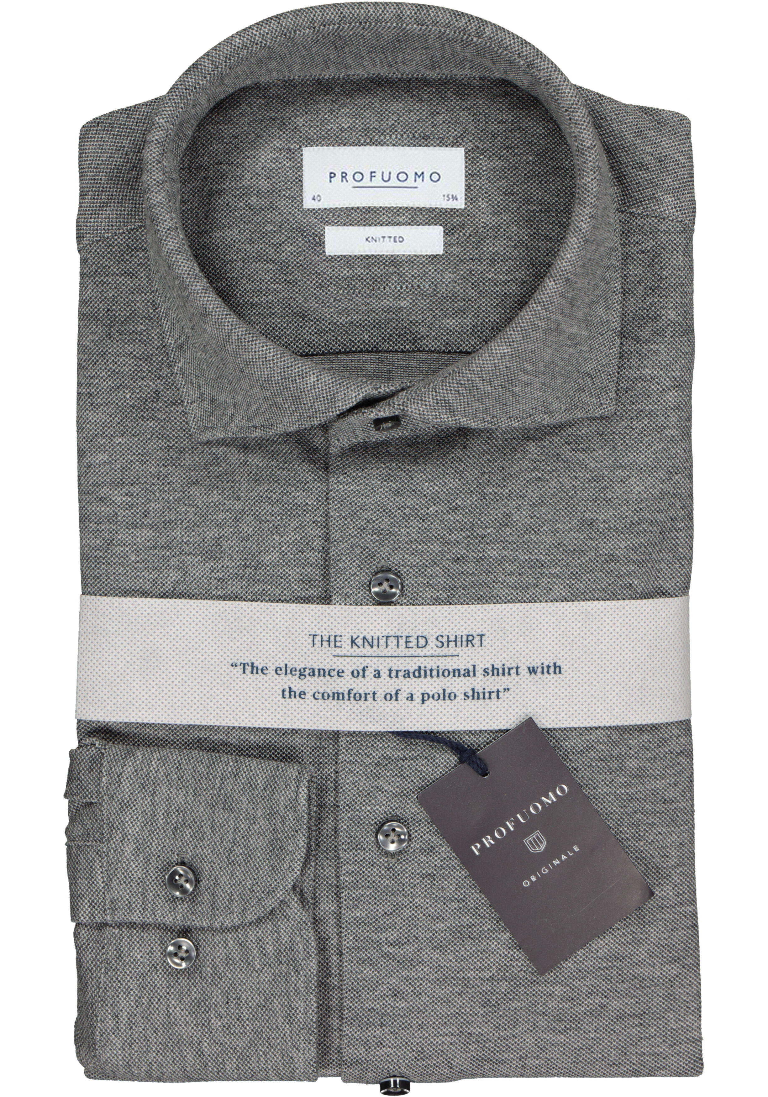 Profuomo slim fit jersey overhemd, knitted shirt pique, antraciet grijs melange