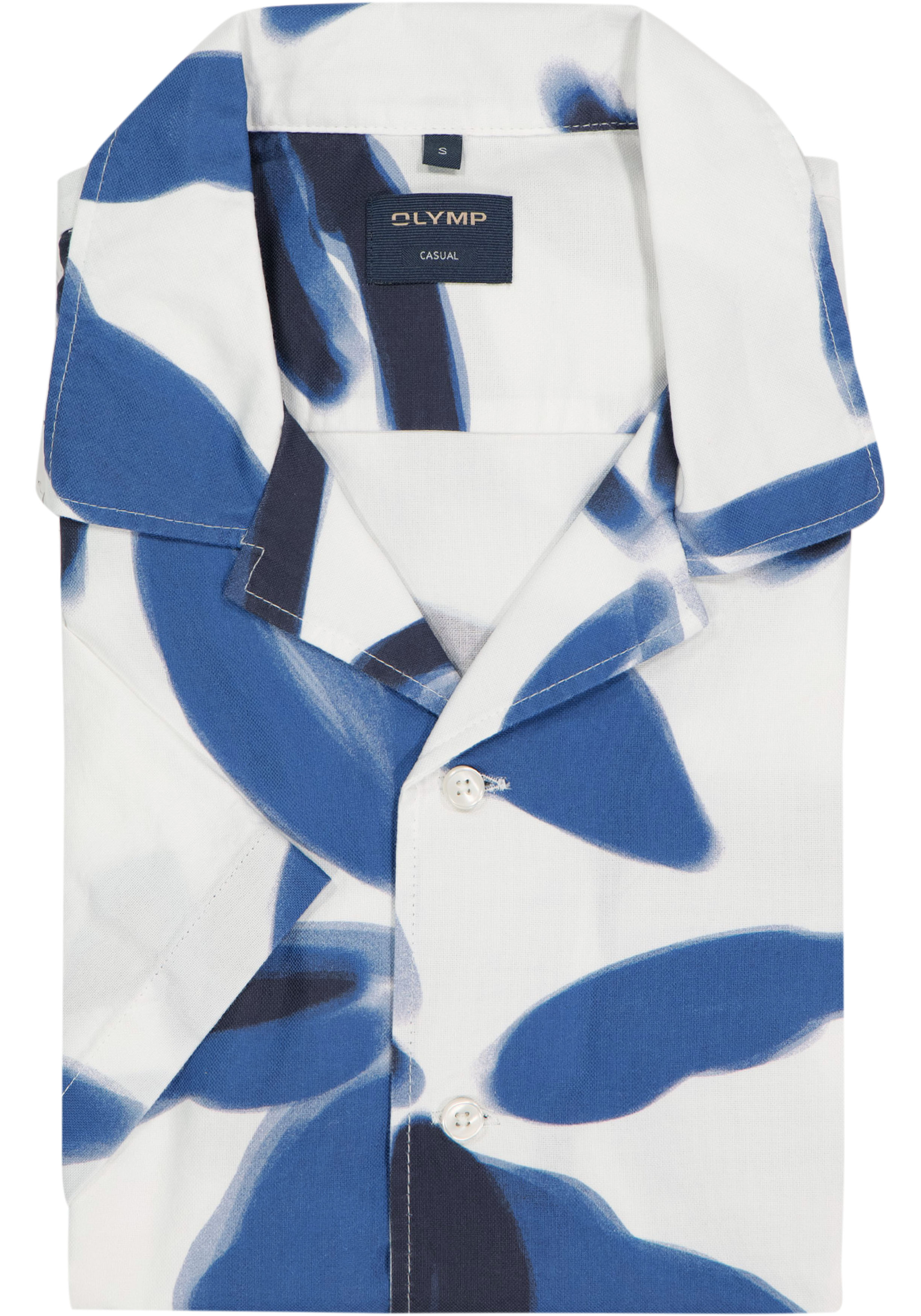 OLYMP Casual regular fit overhemd, korte mouw, popeline, offwhite met blauw dessin