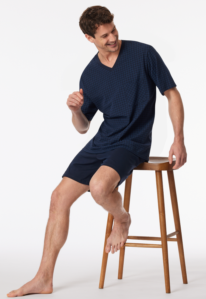 SCHIESSER Cotton Essentials Pyjama kort, heren shortama set, nachtblauw geruit