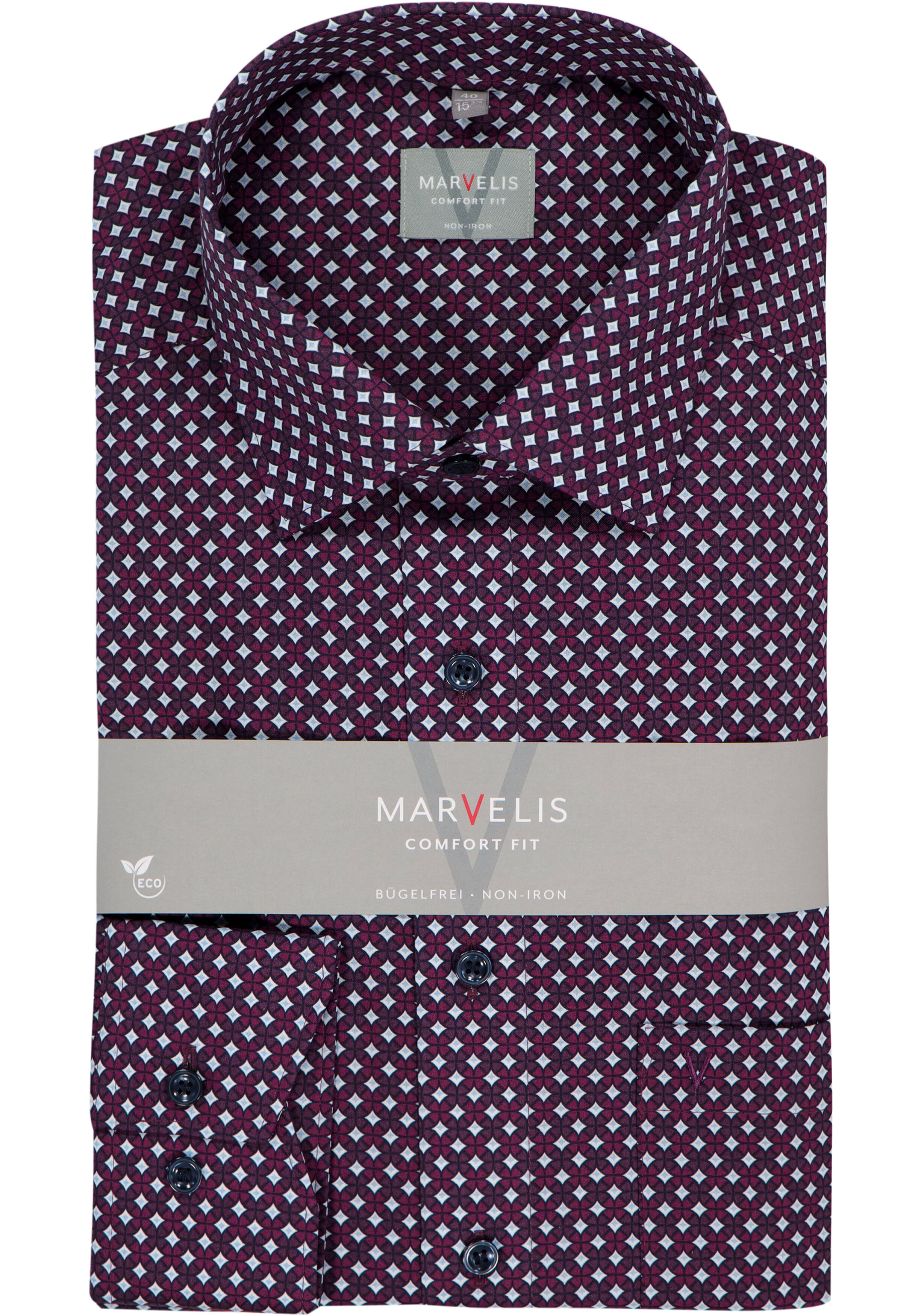 MARVELIS comfort fit overhemd, popeline, bordeaux rood met wit en lichtblauw dessin