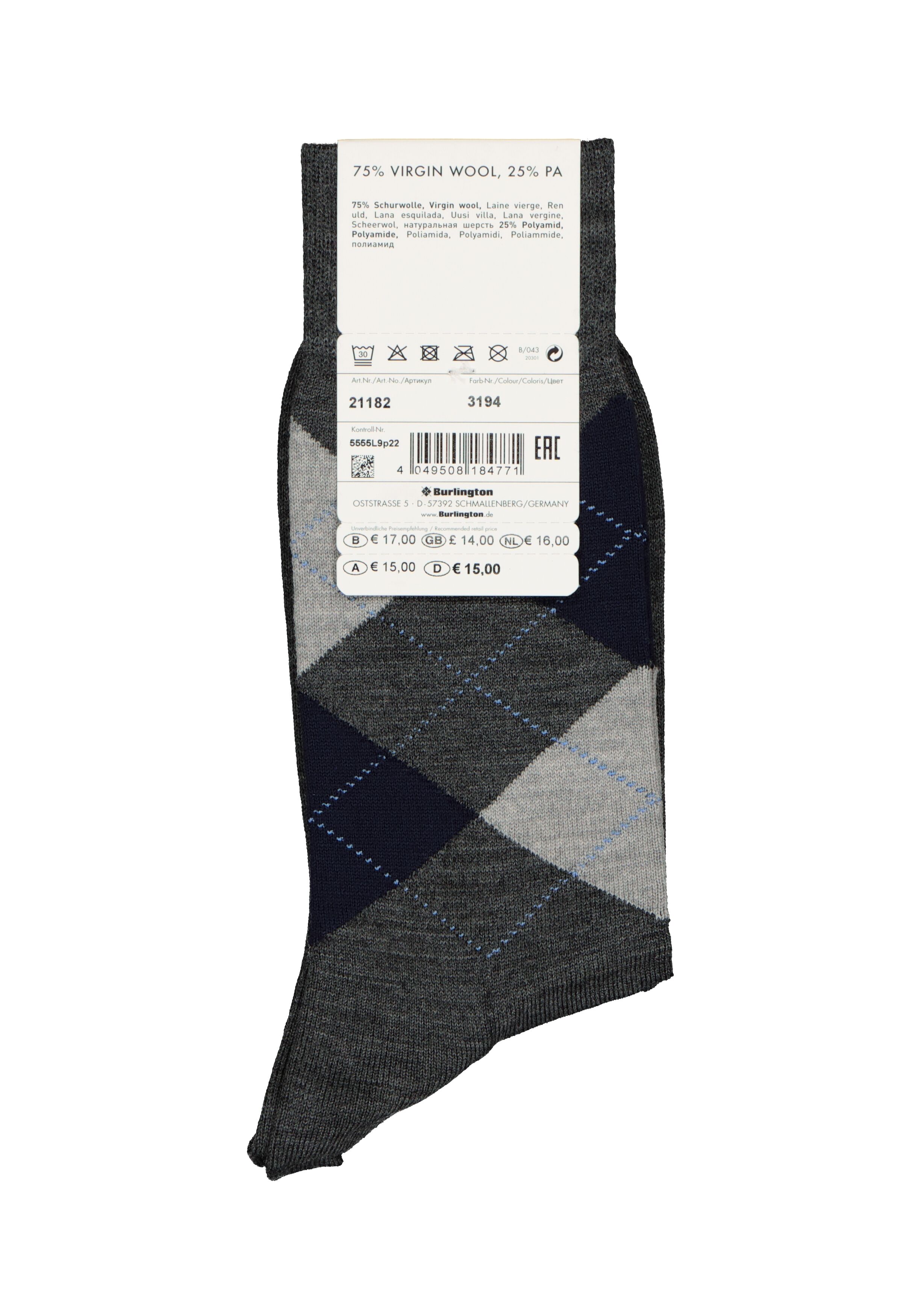 Burlington Edinburgh herensokken, wol, antraciet met grijs en blauw