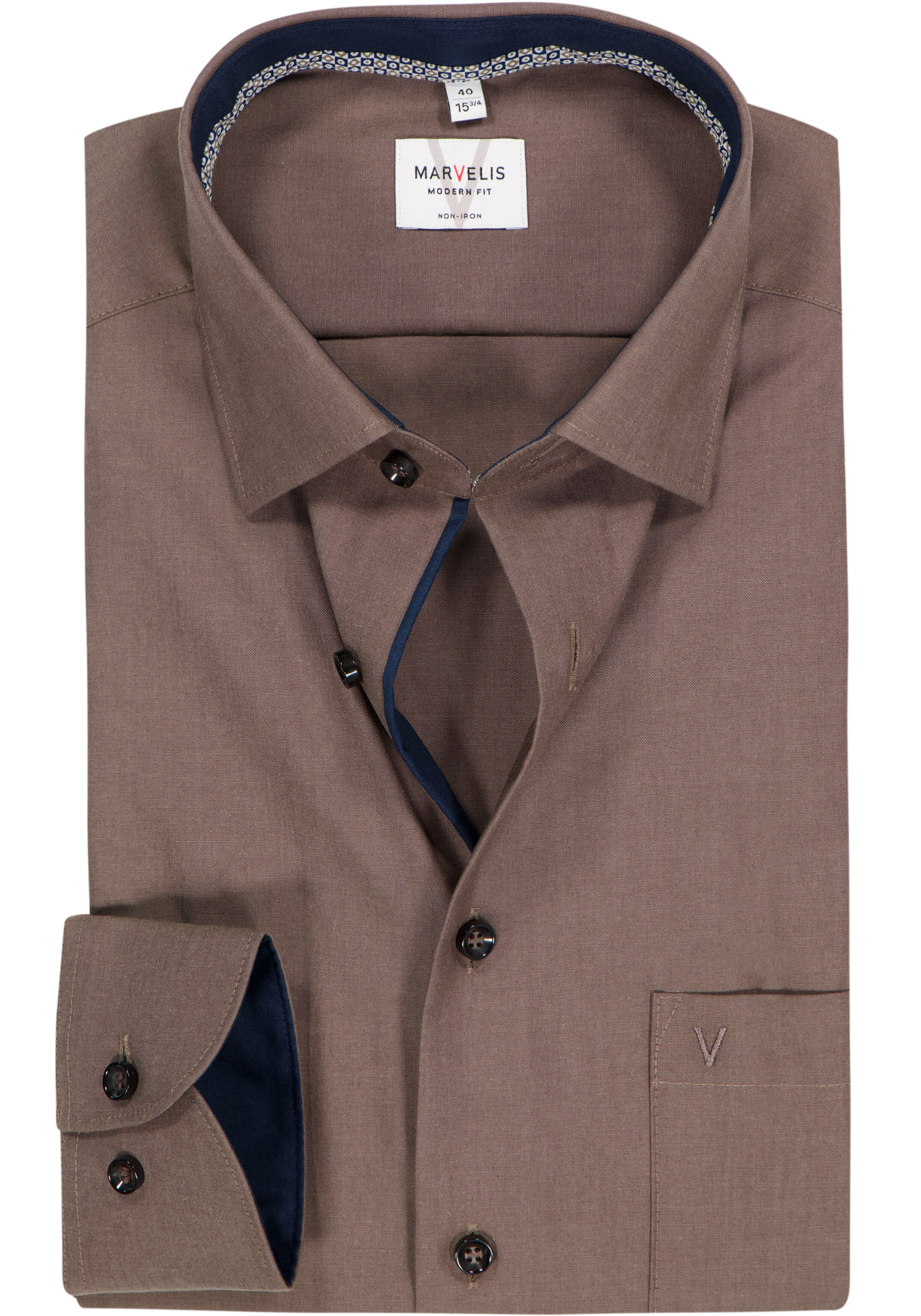 MARVELIS modern fit overhemd, popeline, modderbruin