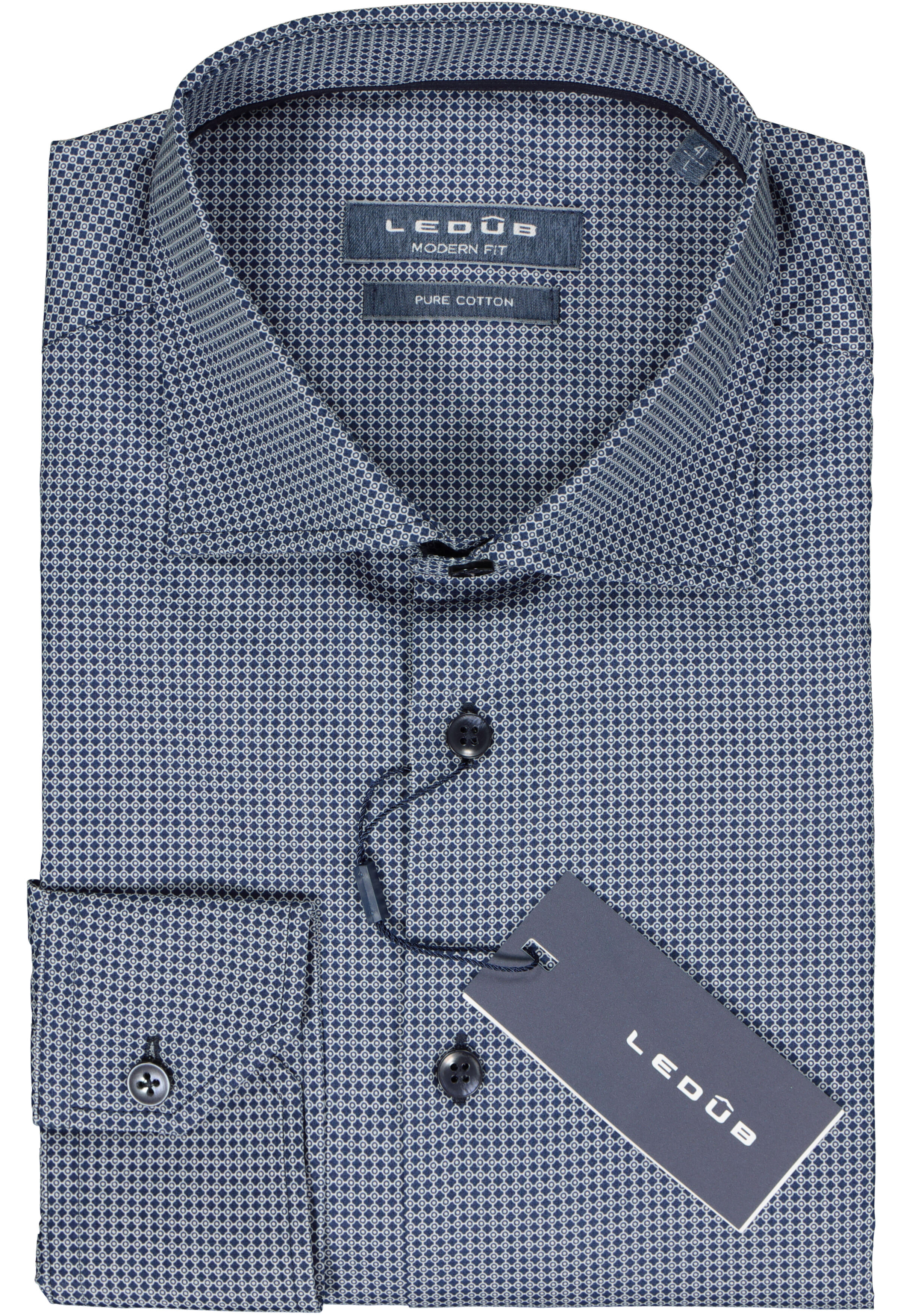 Ledub modern fit overhemd, donkerblauw met wit dessin