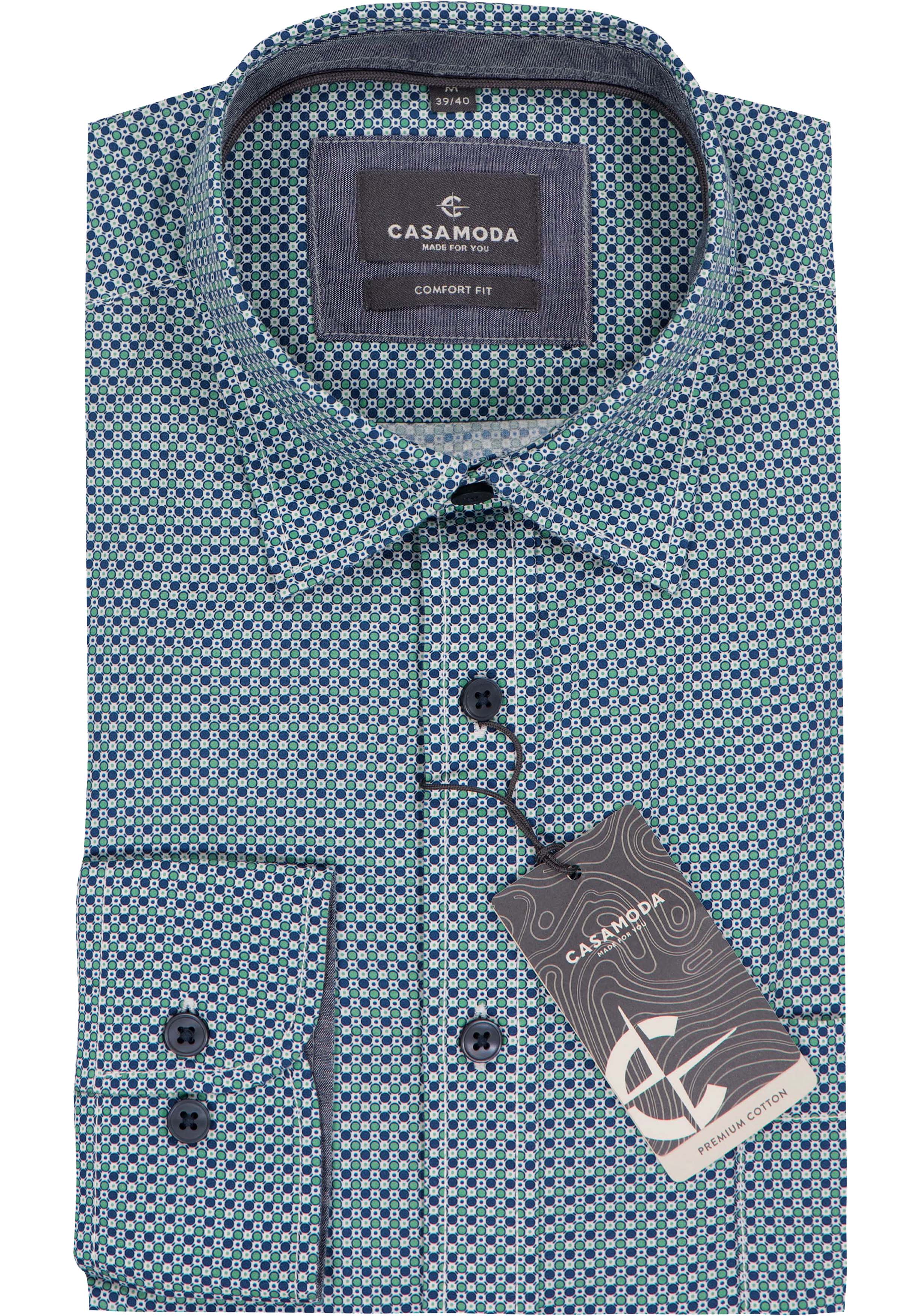 CASAMODA Sport comfort fit overhemd, popeline, wit met groen en blauw dessin
