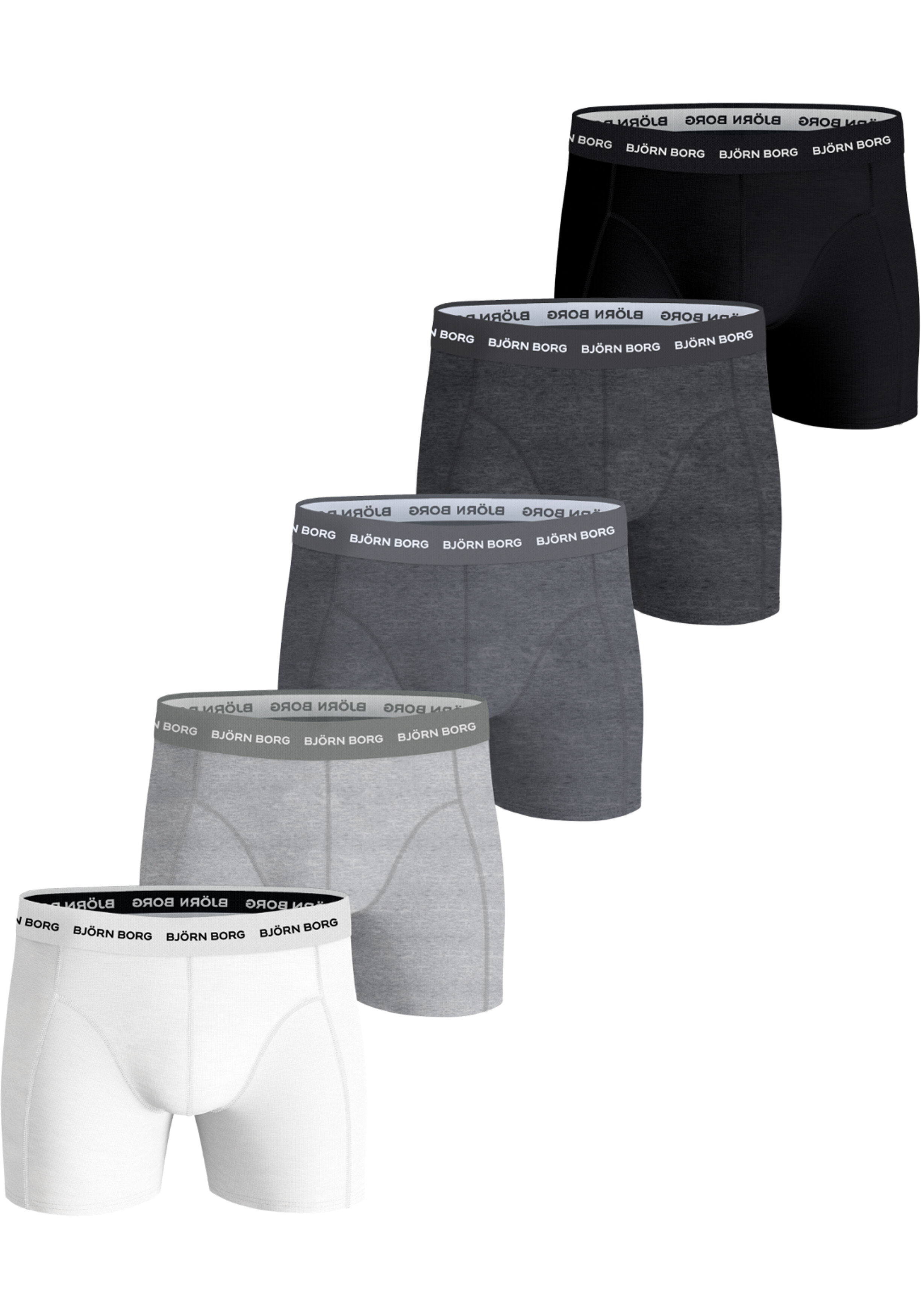 Bjorn Borg Cotton Stretch boxers, heren boxers normale lengte (5-pack), zwart, wit en 3 tinten grijs