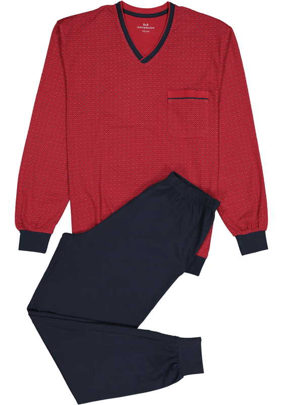 Gotzburg heren pyjama, V-hals, rood met blauw en wit dessin Gotzburg heren pyjama, V-hals, rood met blauw en wit dessin