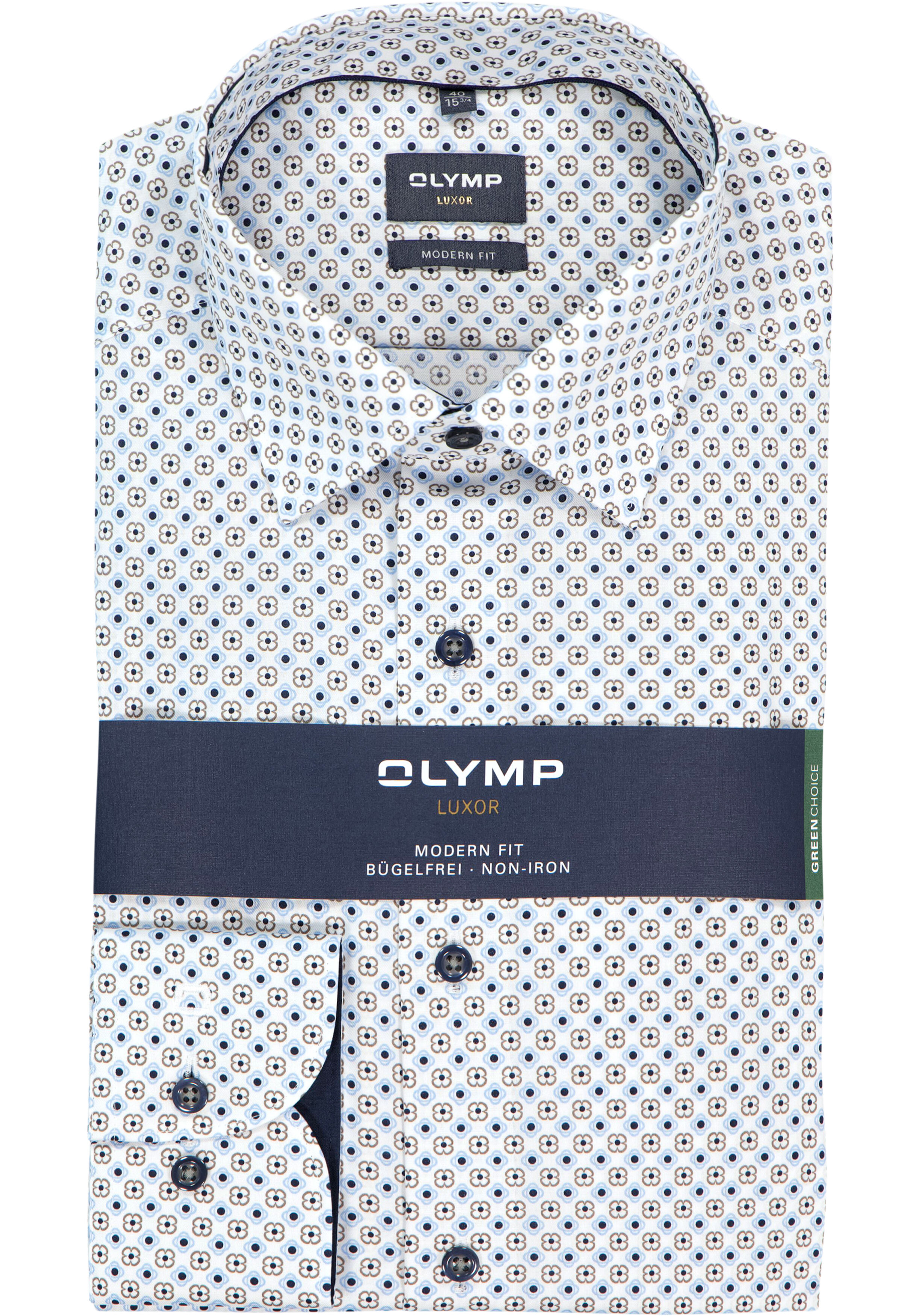 OLYMP Luxor modern fit overhemd, dobby, wit met blauw dessin