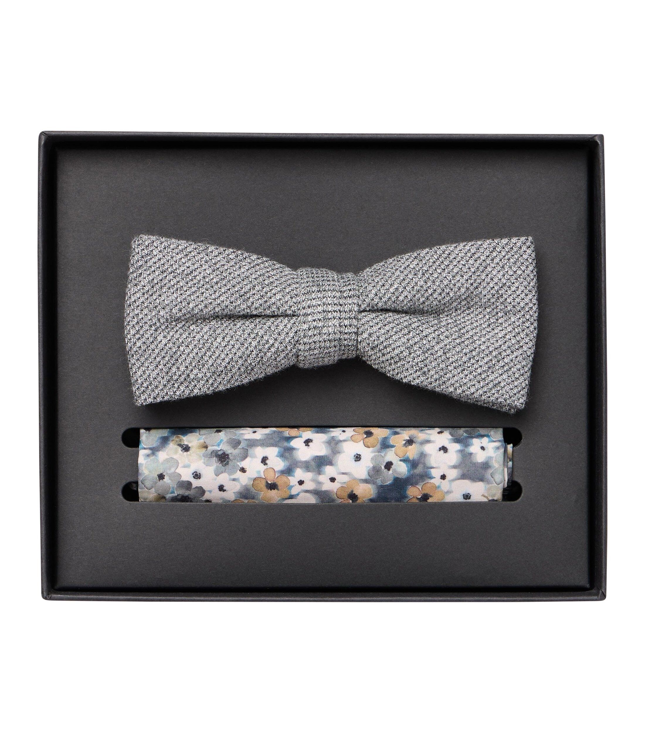 VENTI set met vlinderdas en pochet, blauw met wit en beige dessin