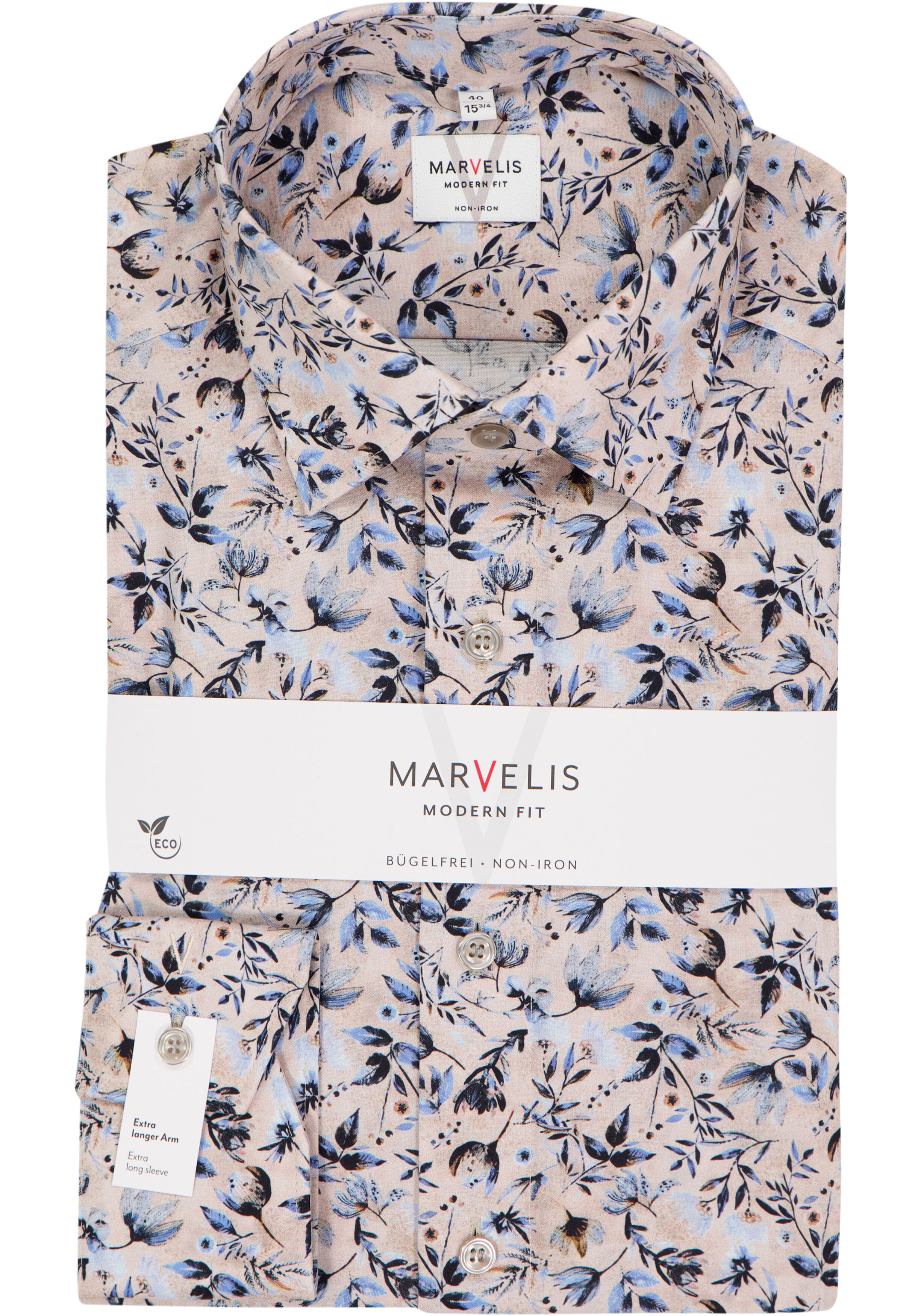MARVELIS modern fit overhemd, mouwlengte 7, popeline, beige met blauw en bruin bloemen dessin