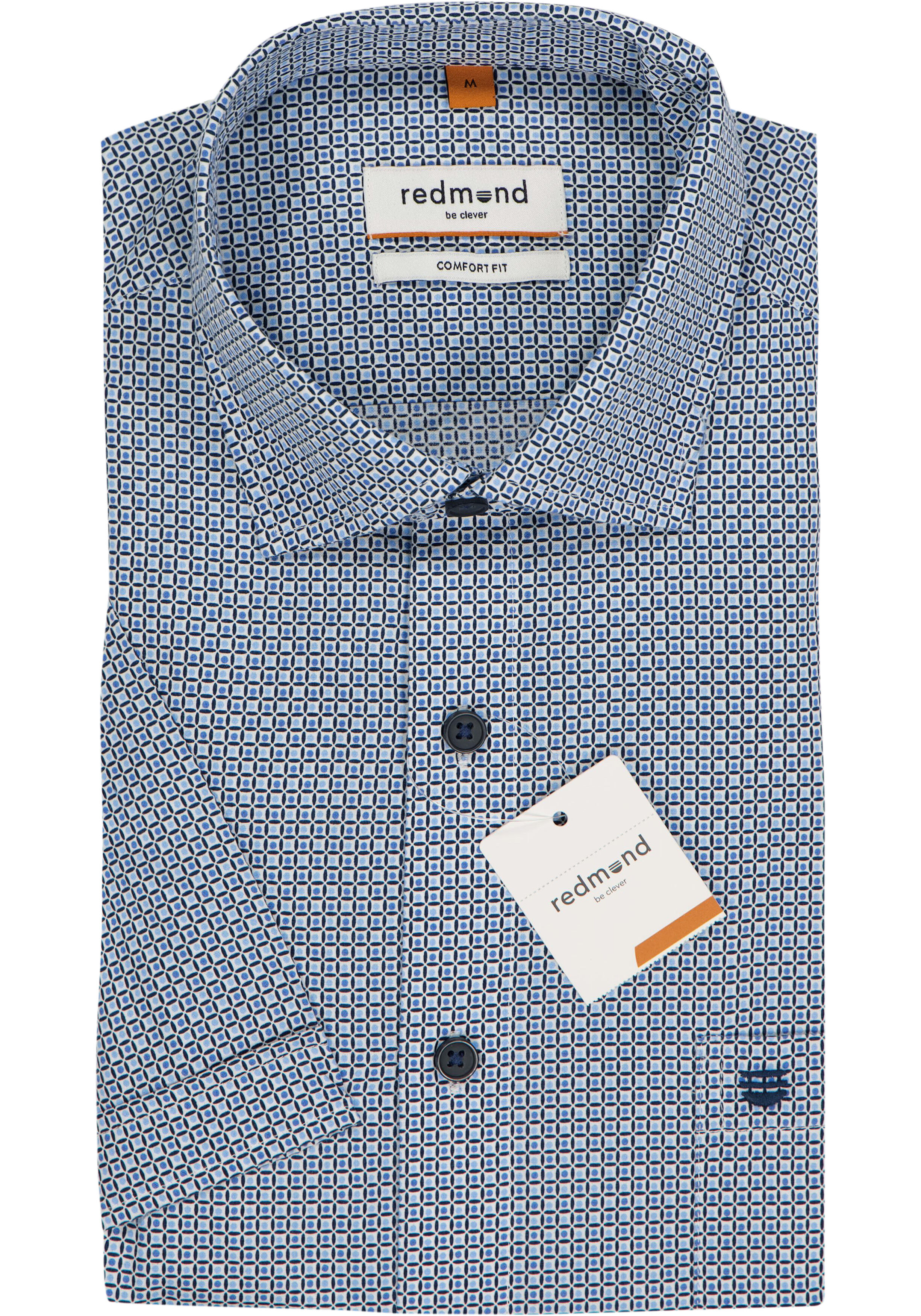 Redmond comfort fit overhemd, korte mouw, popeline, licht- en donkerblauw met wit dessin