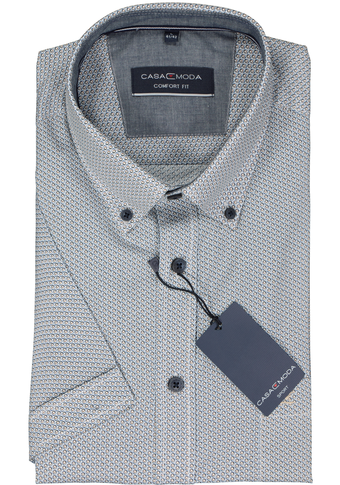 2-4064813862312_casa-moda-overhemd_HR CASA MODA Sport comfort fit overhemd, korte mouw, popeline, wit met donkerbruin dessin