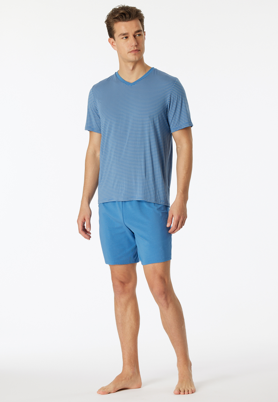 SCHIESSER Long Life Soft pyjamaset, heren pyjama short modal V-hals strepen oceaanblauw