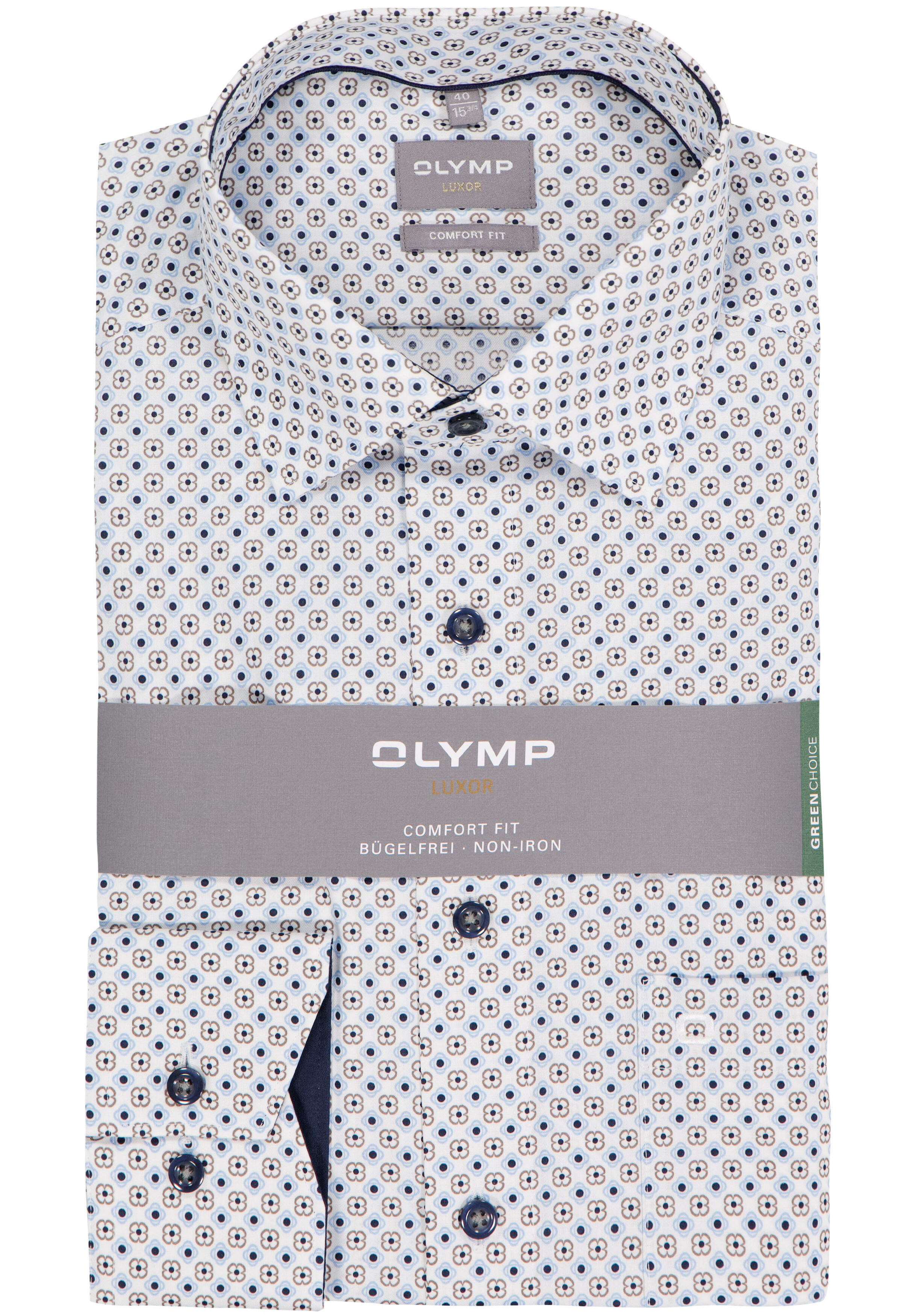 OLYMP Luxor comfort fit overhemd, dobby, wit met blauw dessin