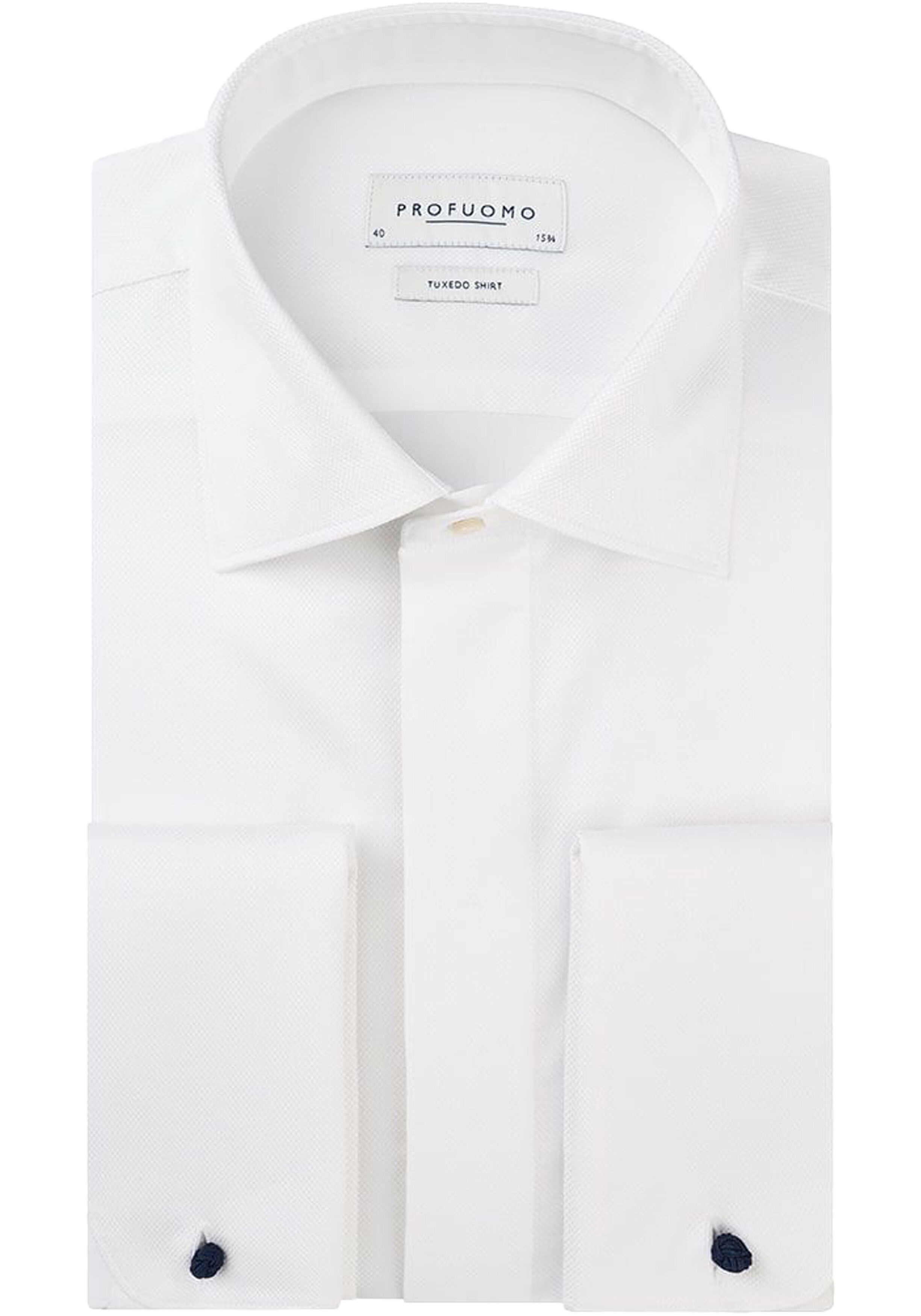 Profuomo slim fit heren smoking overhemd dubbele manchet, twill, wit