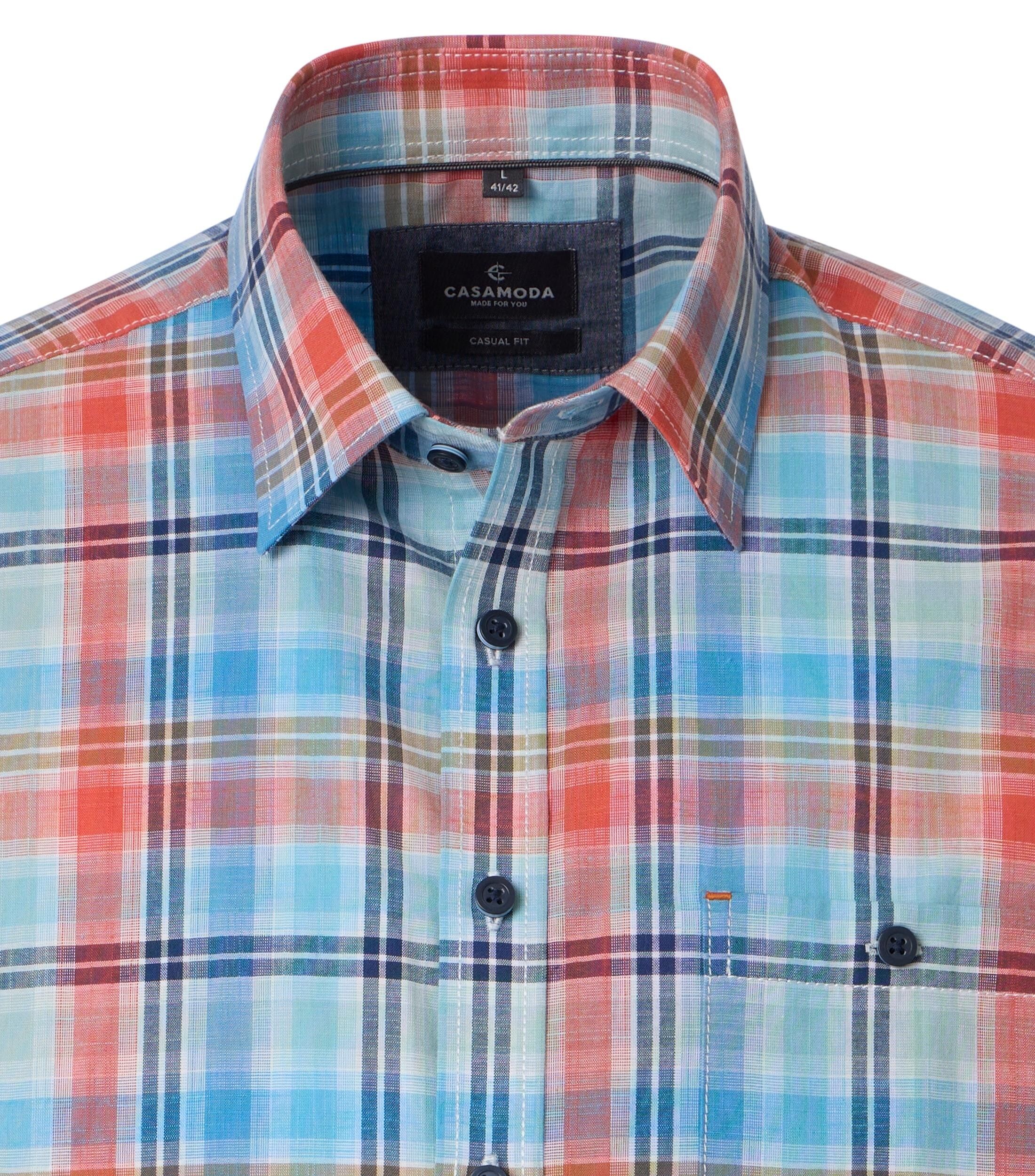 CASA MODA Sport casual fit overhemd, korte mouw, chambray, lichtblauw, oranje, wit, donkerblauw geruit