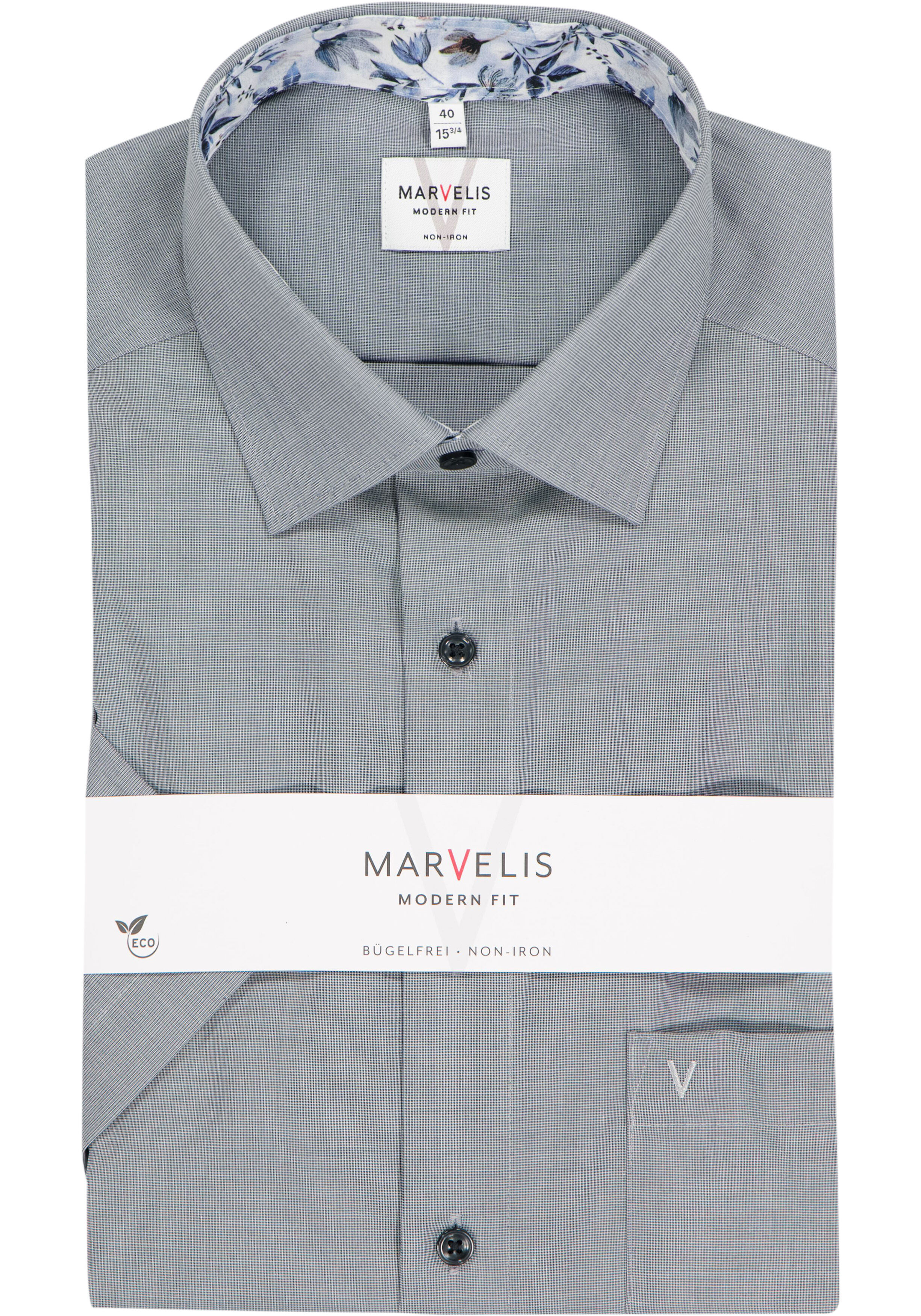 MARVELIS modern fit overhemd, korte mouw, fil a fil, donkergrijs