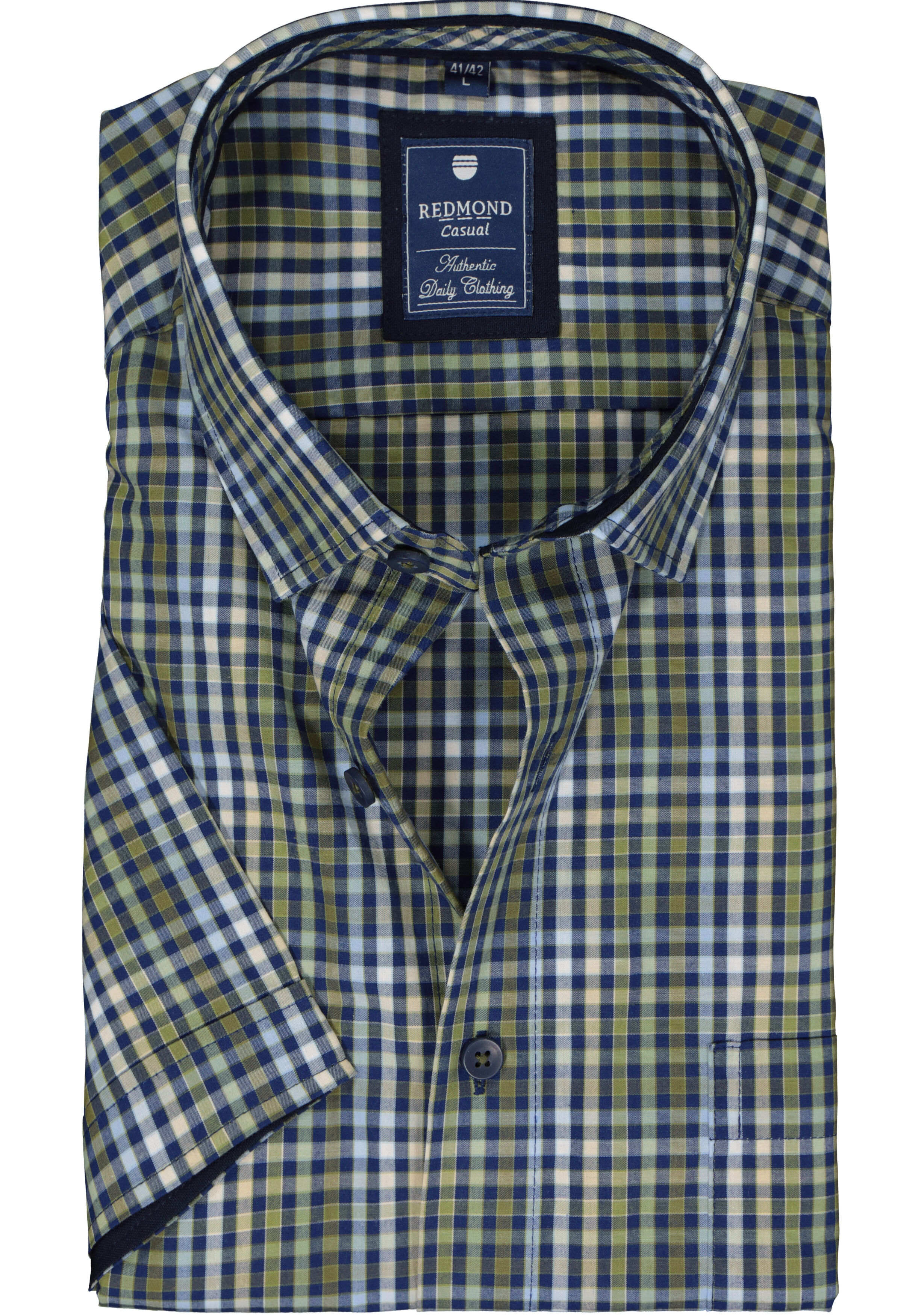 Redmond regular fit overhemd, korte mouw, popeline, groen geruit