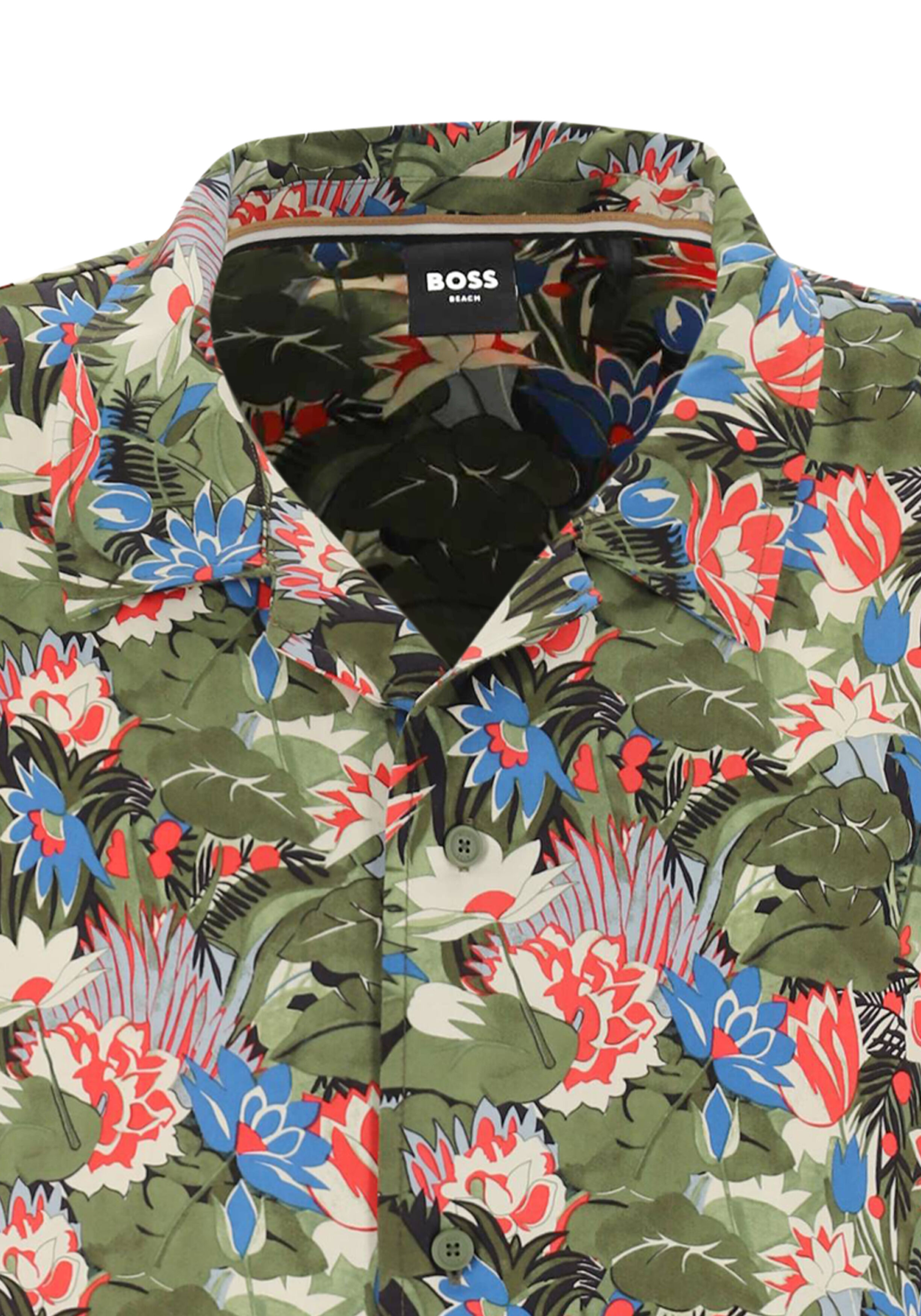 BOSS Beach shirt regular fit overhemd, korte mouw, popeline, groen dessin