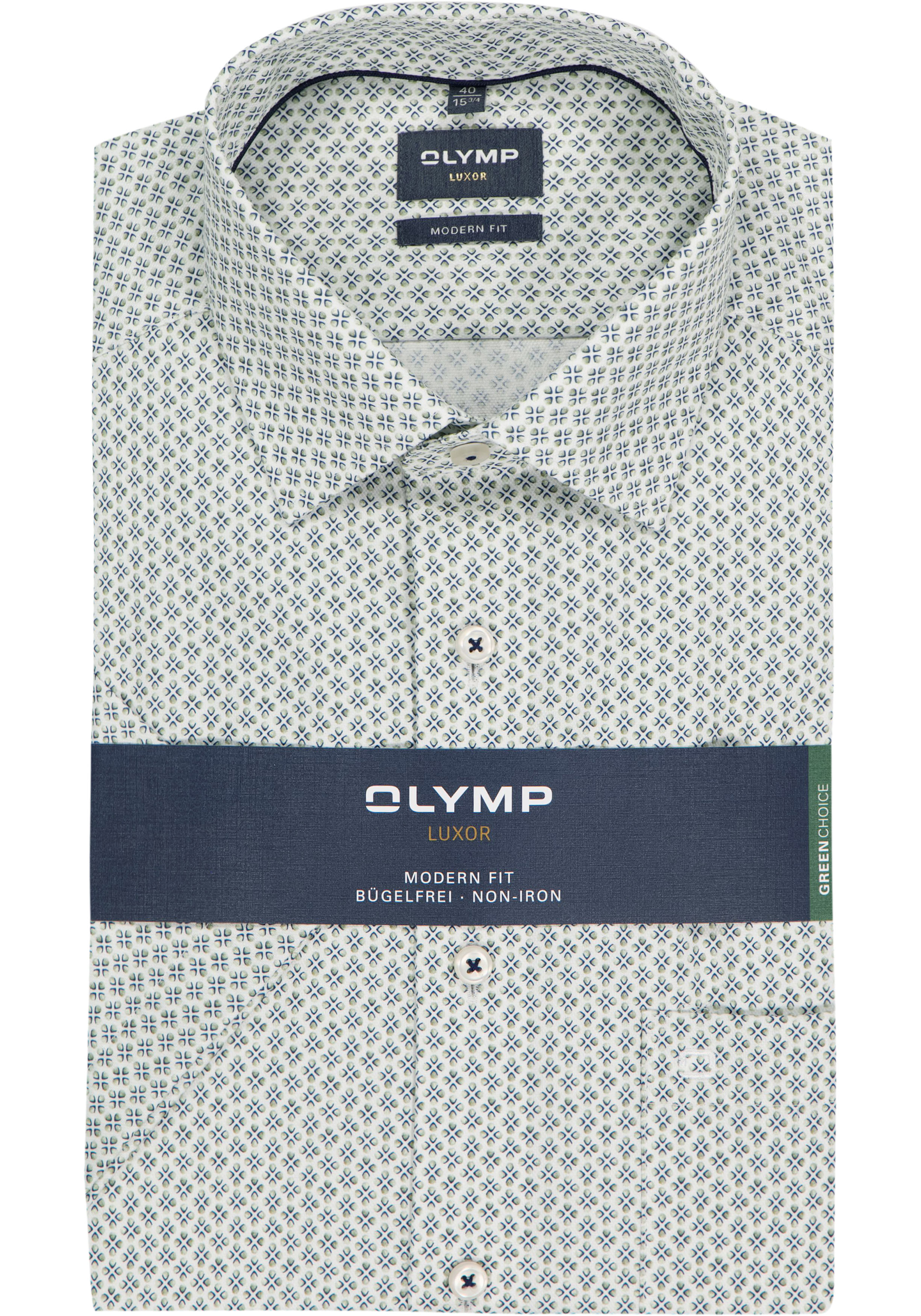 OLYMP Luxor modern fit overhemd, korte mouw, dobby, wit met groen en blauw dessin