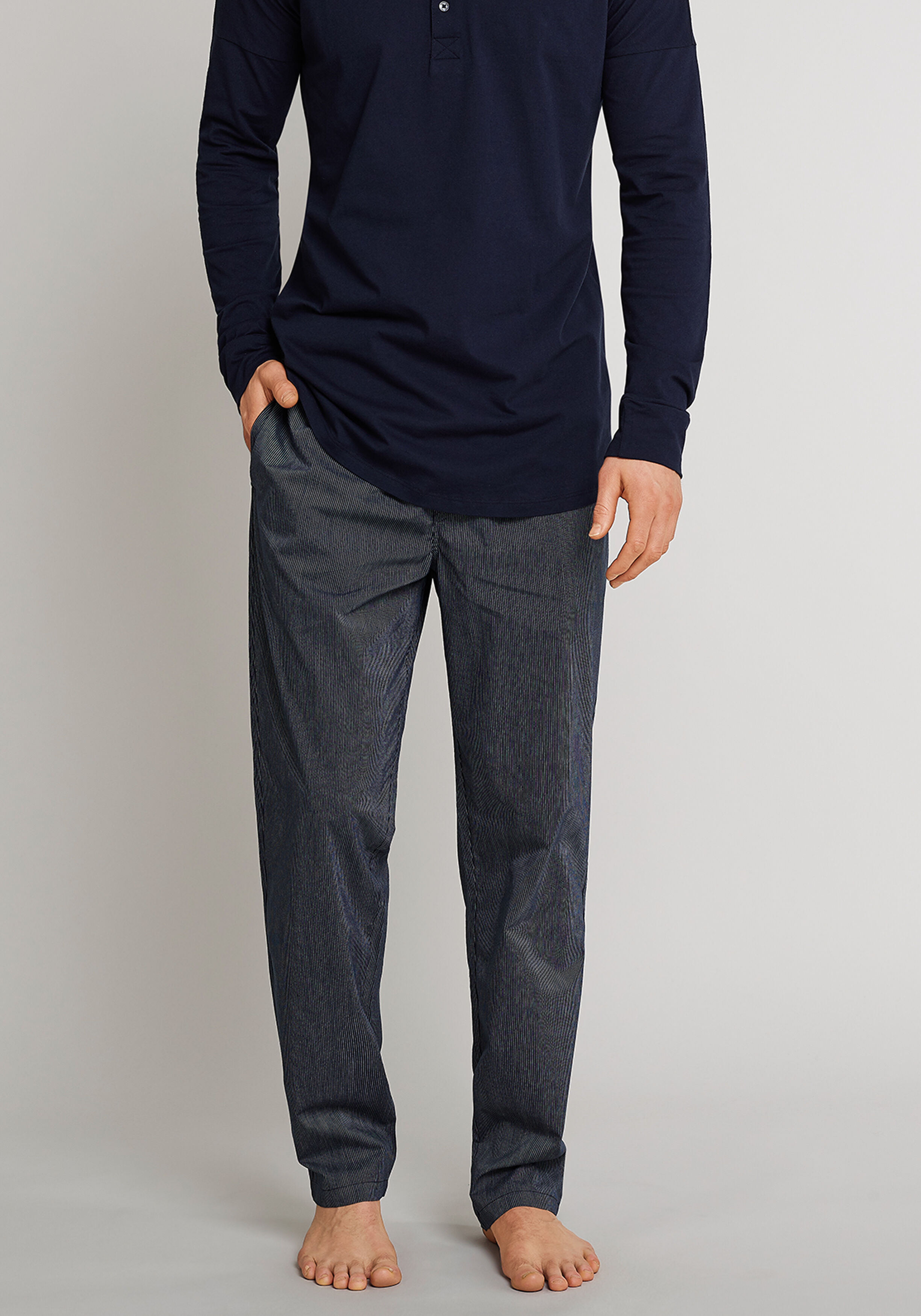 SCHIESSER Mix+Relax lounge broek, lange pijpen, dun niet elastisch, blauw fijn gestreept