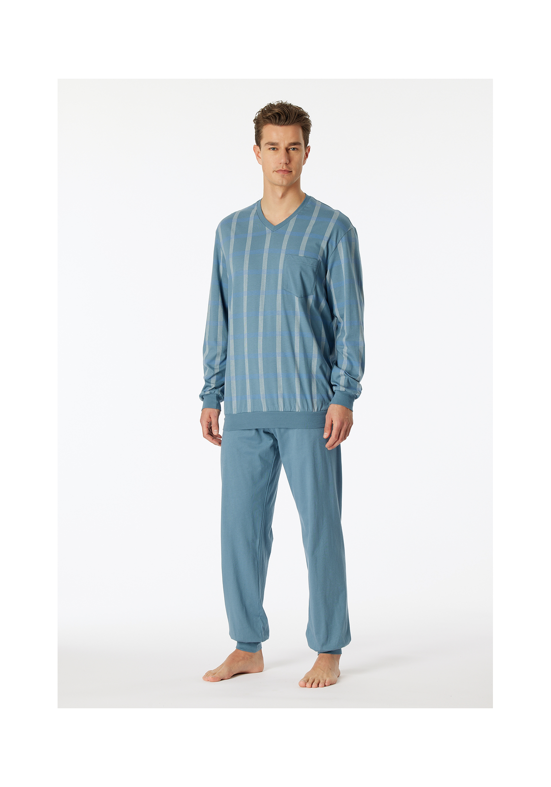 image_3_181162-808_3_1280x1280 SCHIESSER Comfort Nightwear pyjamaset, heren pyjama lang organic cotton V-hals manchetten borstzak blauw-grijs geruit