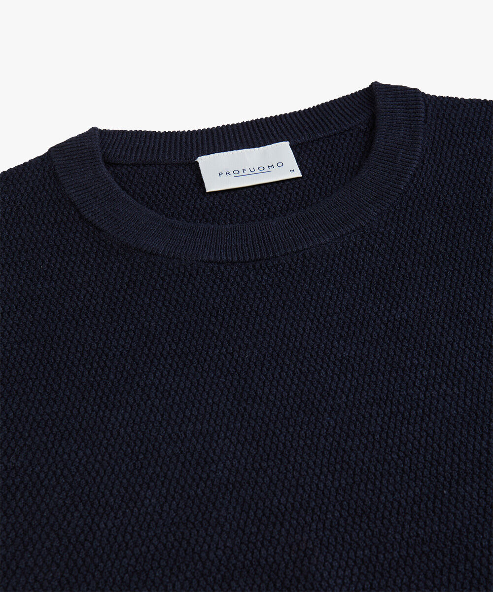 Profuomo heren trui katoen, slim fit trui met O-hals, donkerblauw