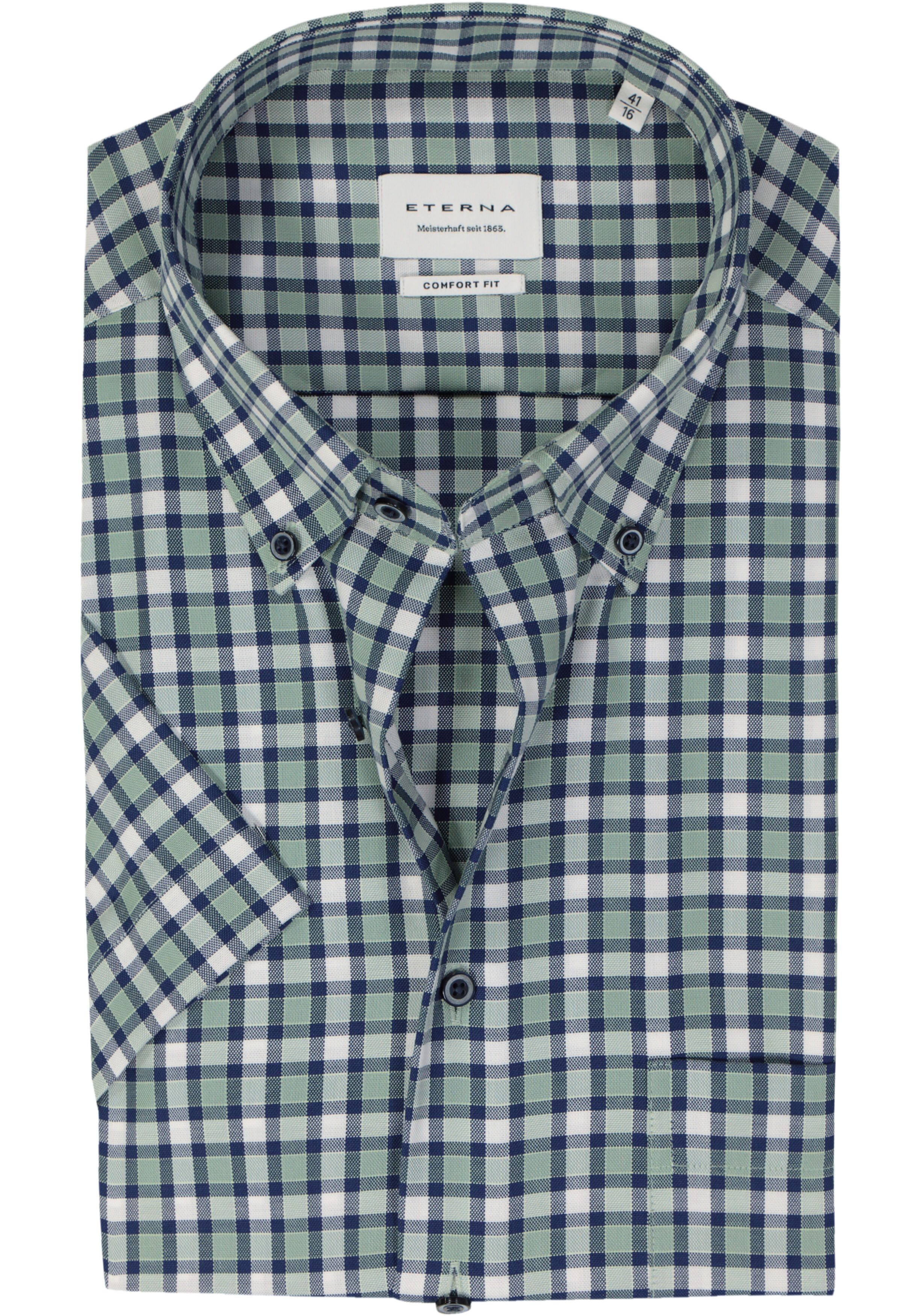 ETERNA comfort fit overhemd korte mouw, popeline, blauw, wit, groen geruit