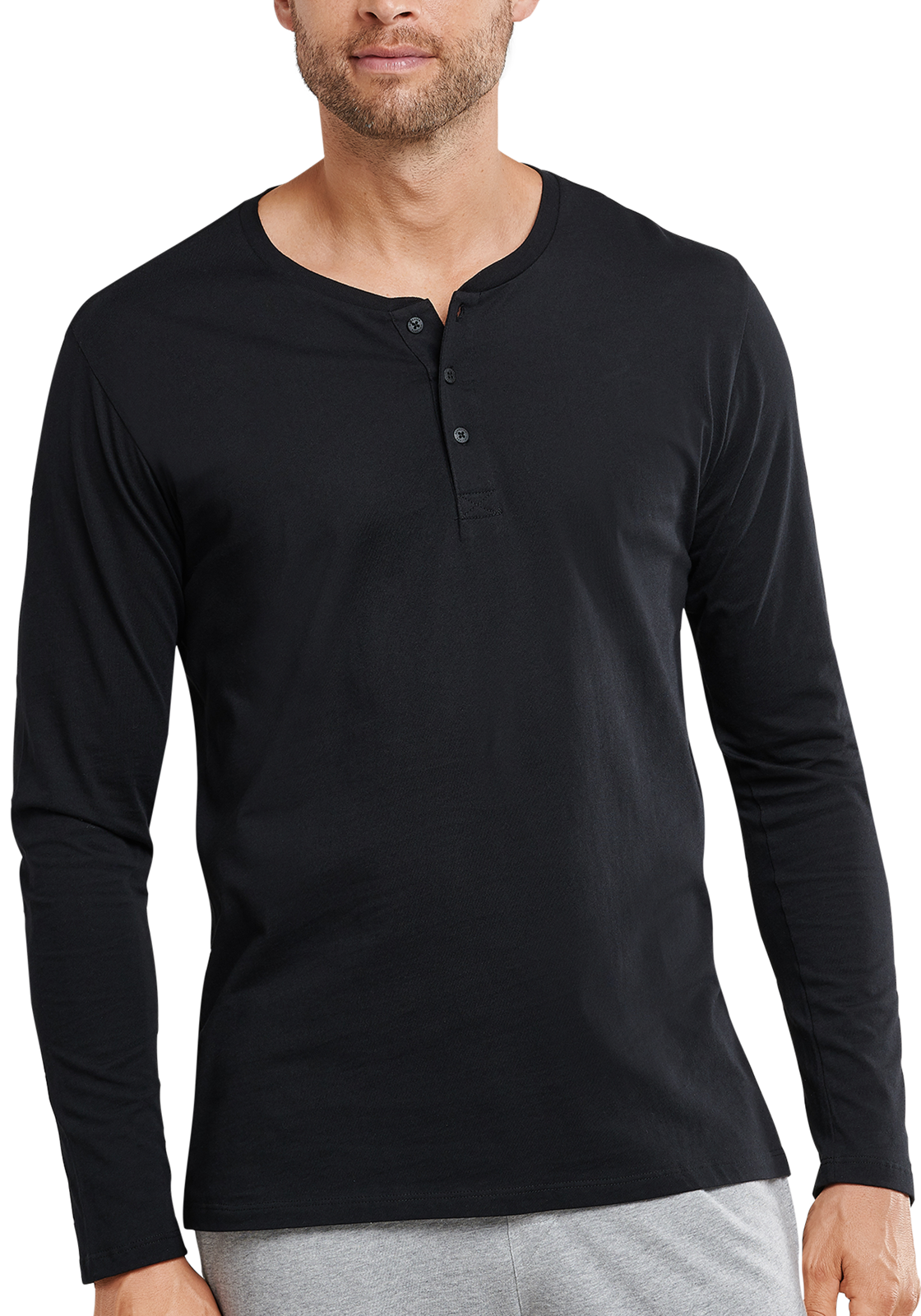3-4007065358905-schiesser-mixrelax-shirt_HR SCHIESSER Mix+Relax T-shirt, lange mouw O-hals met knoopjes, zwart