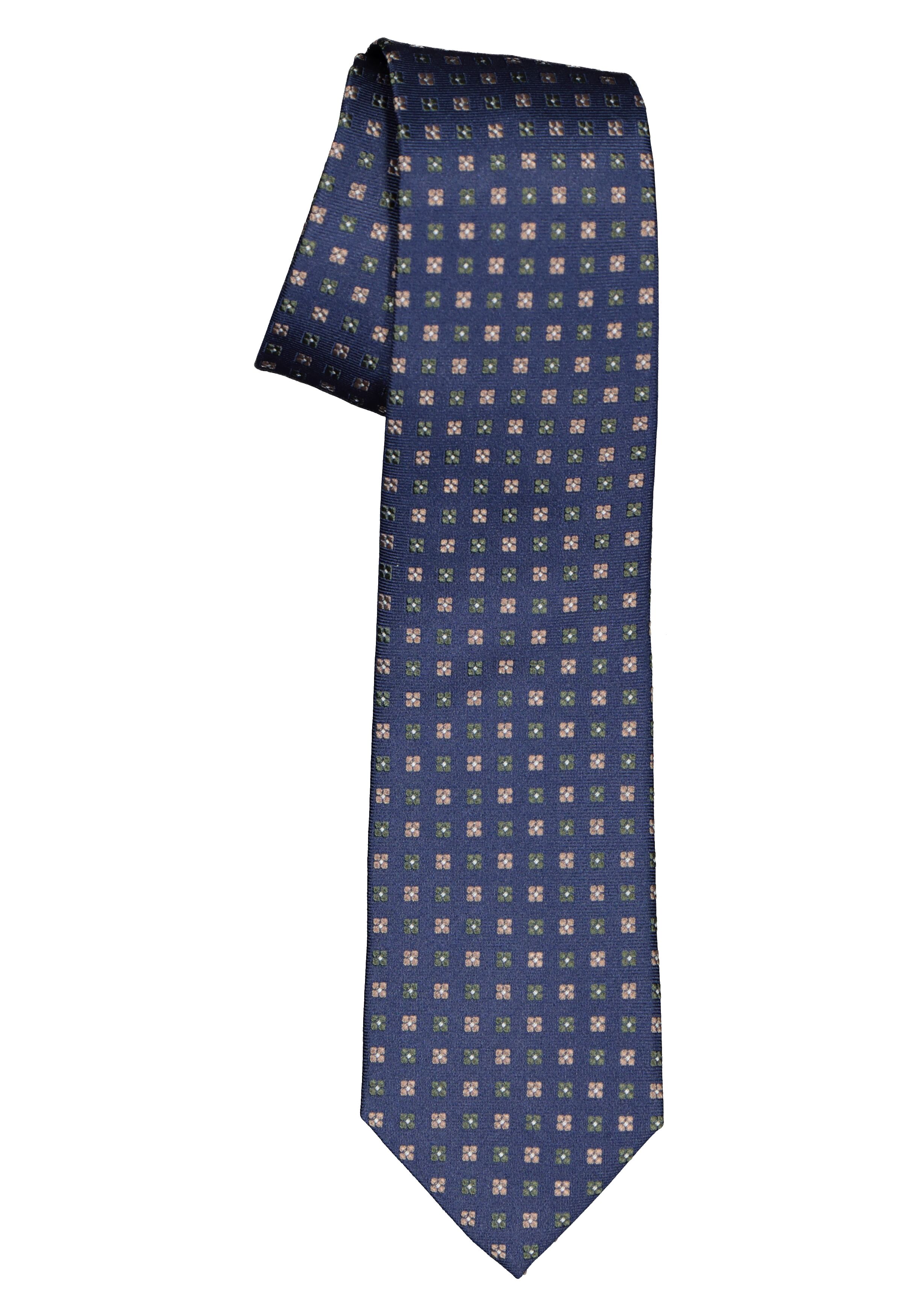 Michaelis  stropdas, zijde, blauw met olijfgroen en camel dessin