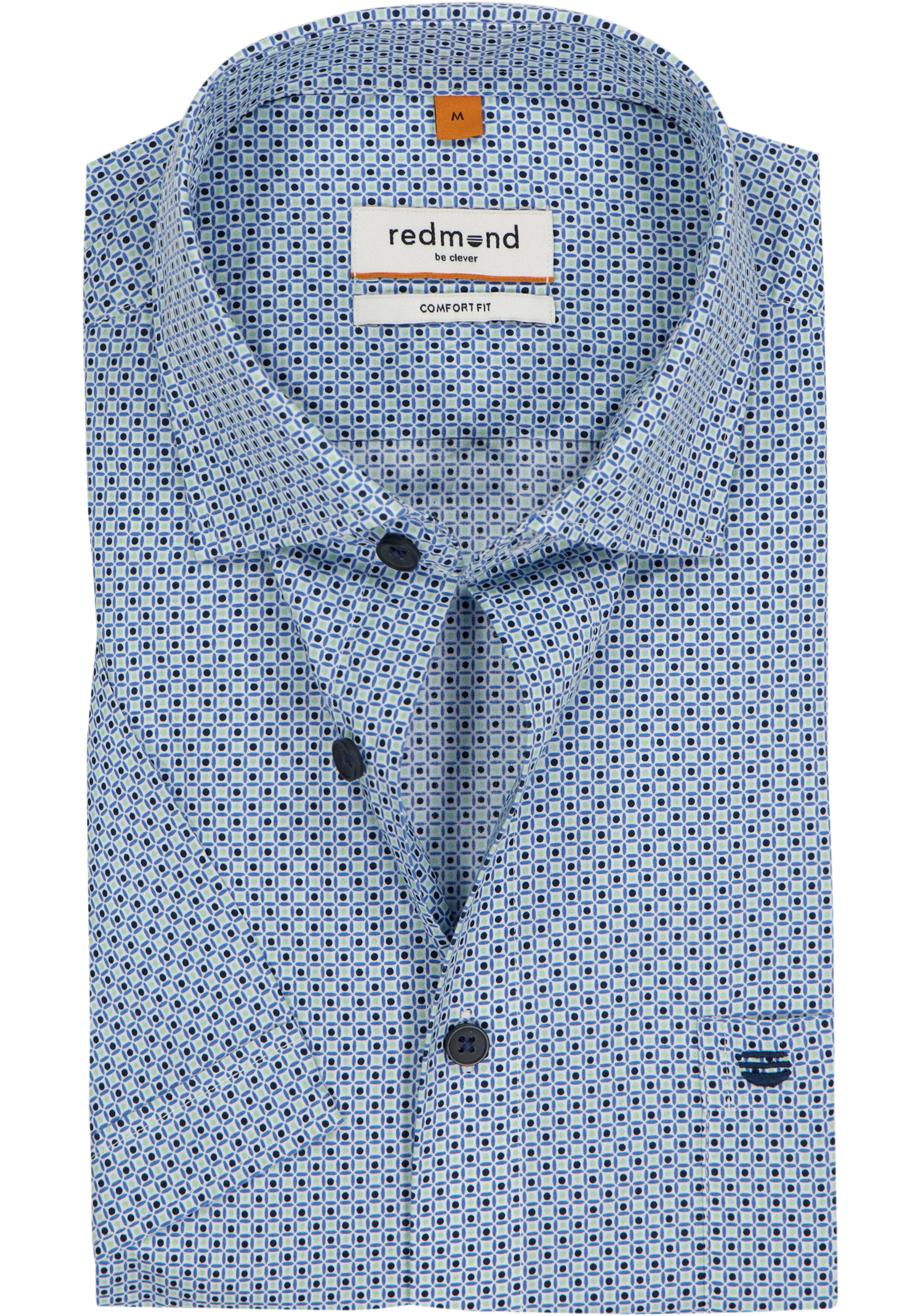 Redmond comfort fit overhemd, korte mouw, popeline, blauw met wit en groen dessin