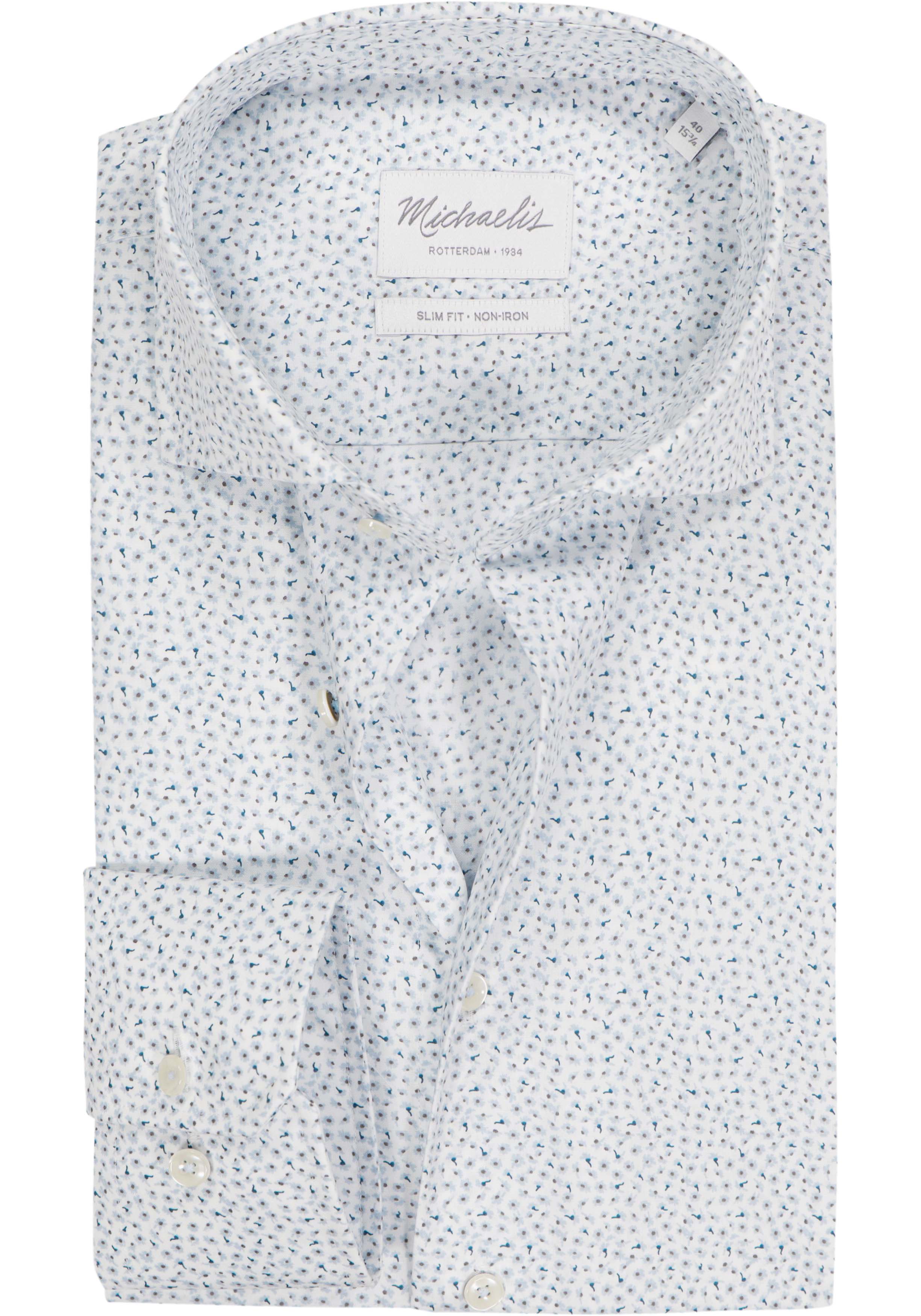 Michaelis slim fit heren overhemd, popeline, wit met licht- en donkerblauw dessin