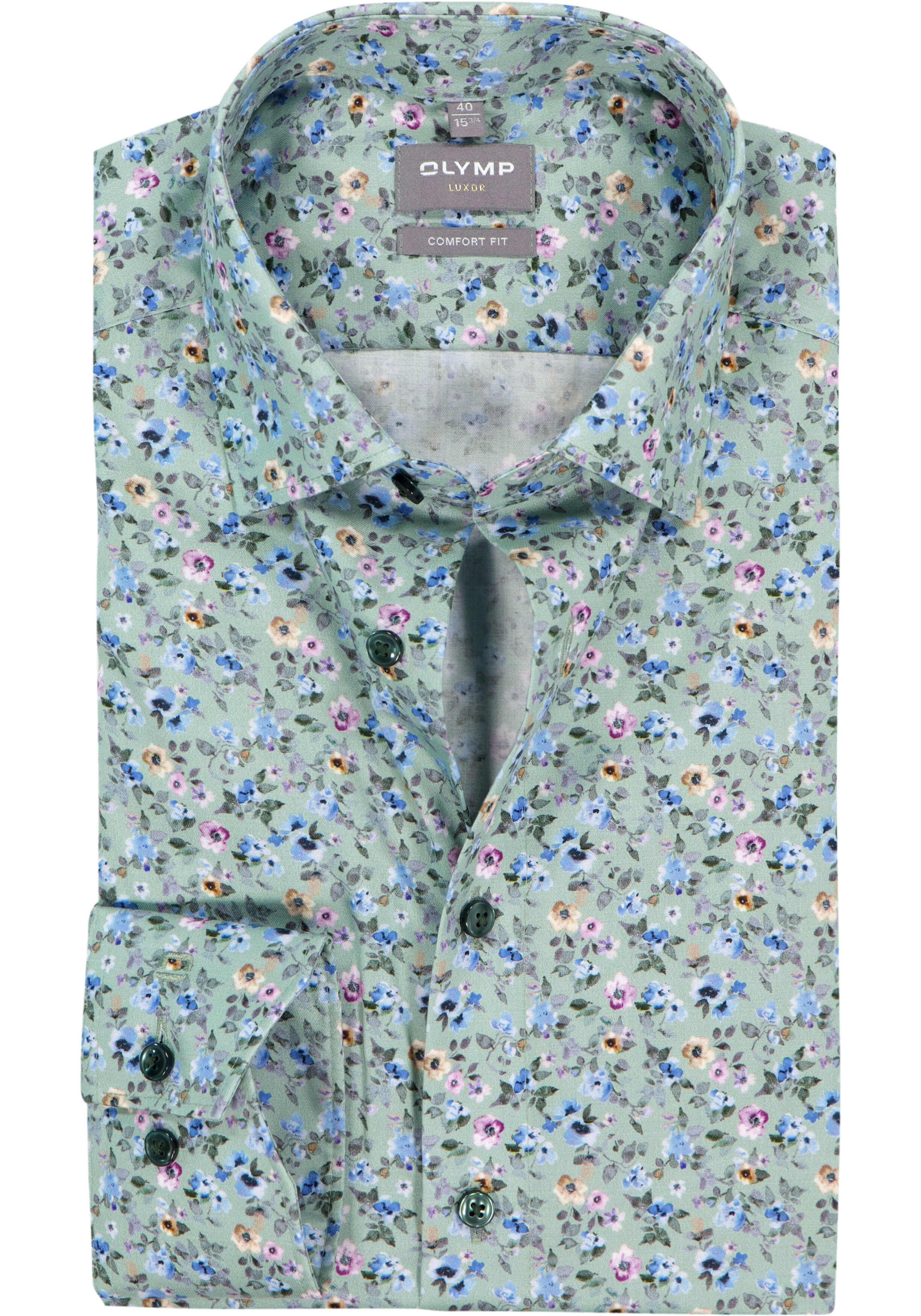 OLYMP Luxor comfort fit overhemd, dobby, groen met blauw en roze bloemetjes dessin