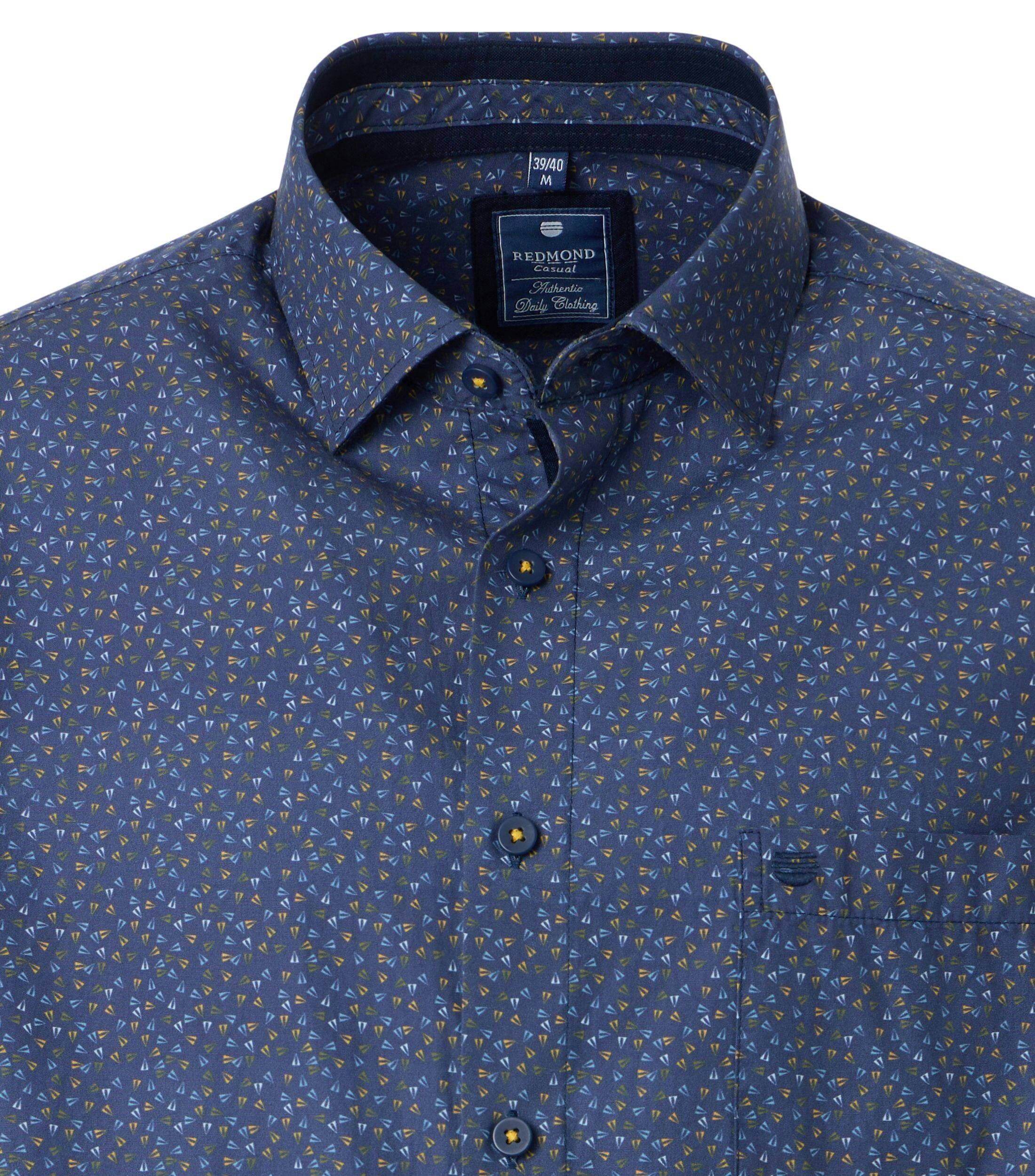 Redmond comfort fit overhemd, popeline, donkerblauw met geel en lichtblauw dessin