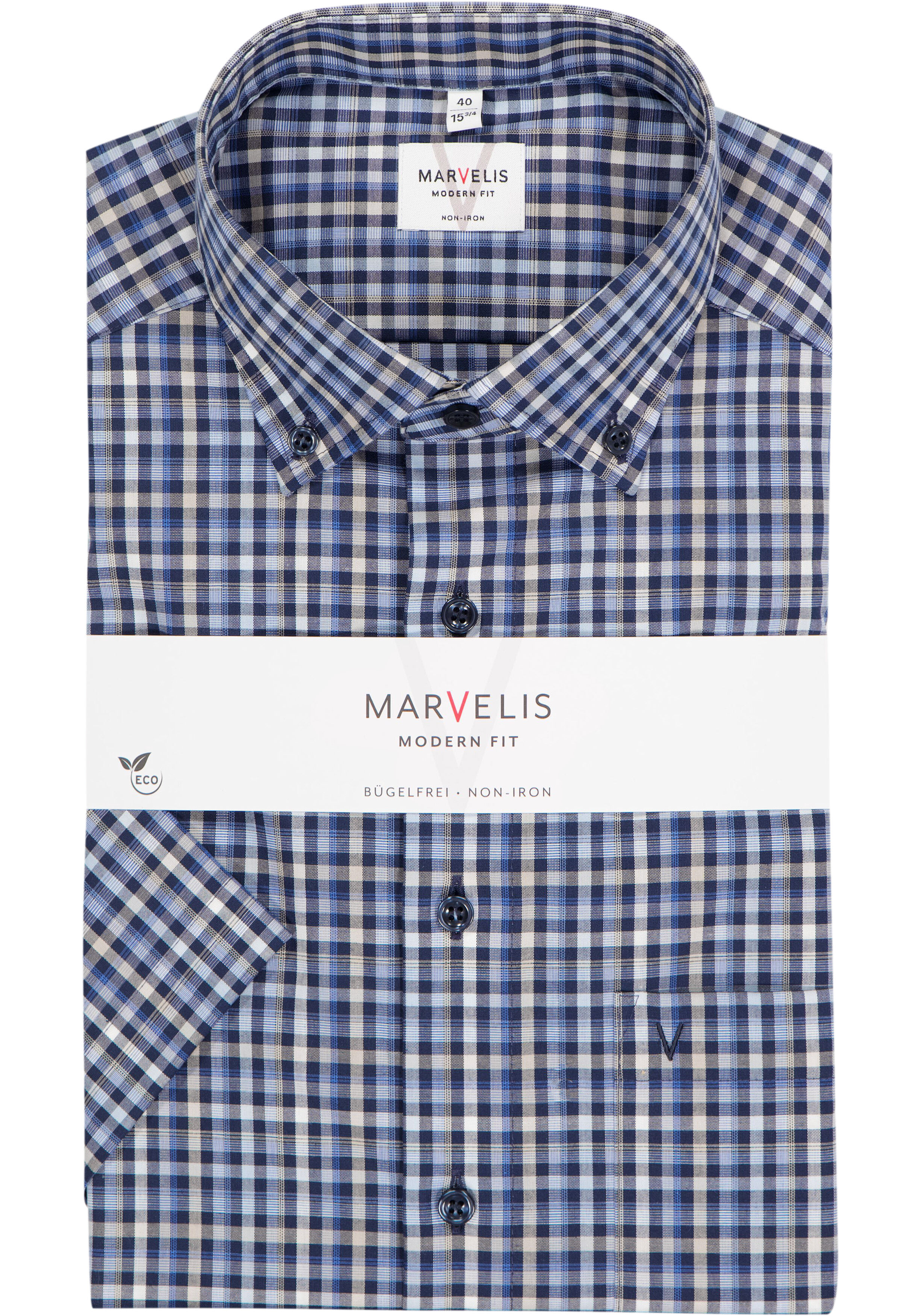 MARVELIS modern fit overhemd, korte mouw, popeline, blauw met wit en beige geruit