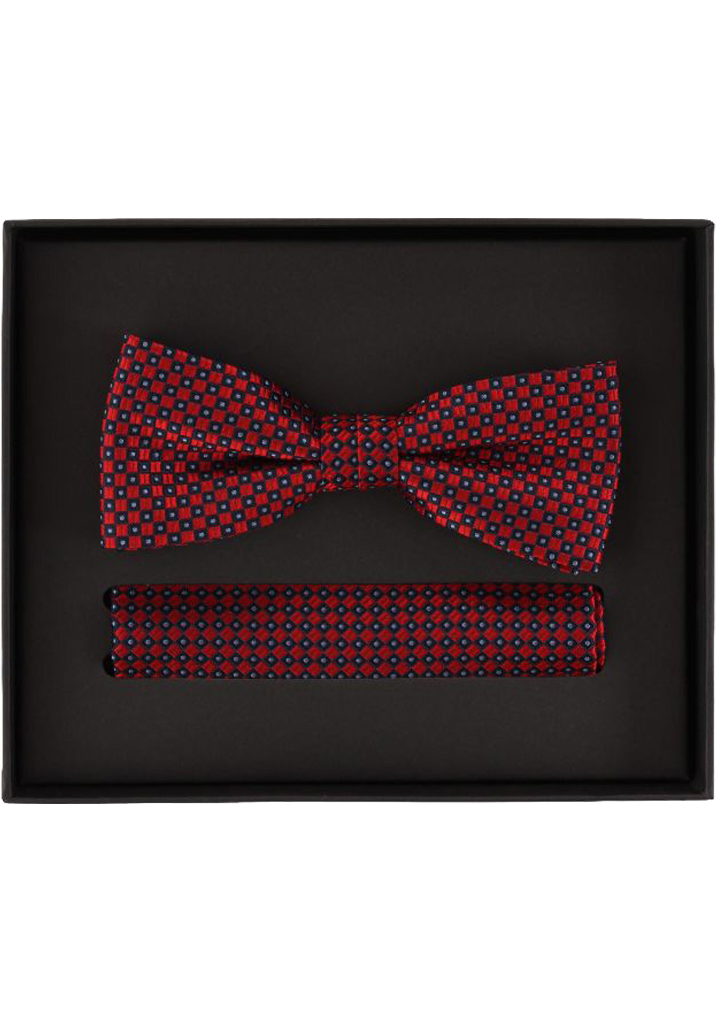 VENTI set met vlinderdas en pochet, rood, donkerblauw, lichtblauw dessin