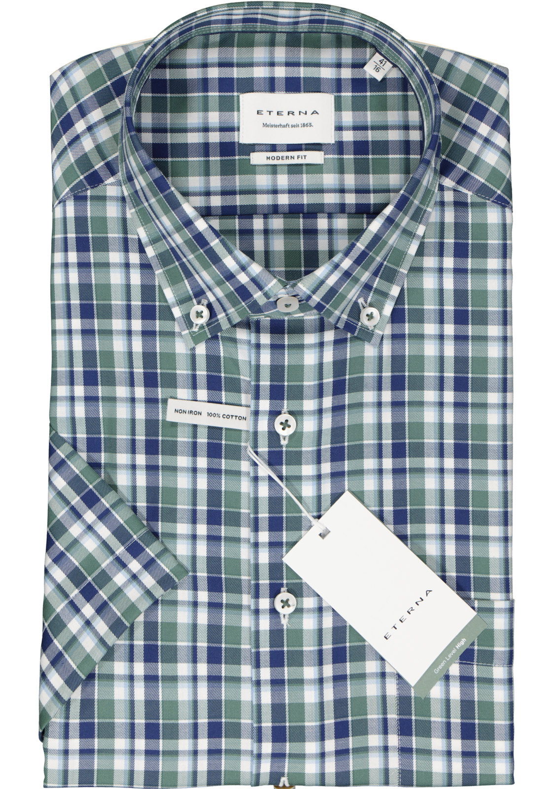 2-4067159321161_eterna-overhemd_HR ETERNA modern fit overhemd korte mouw, twill, groen geruit