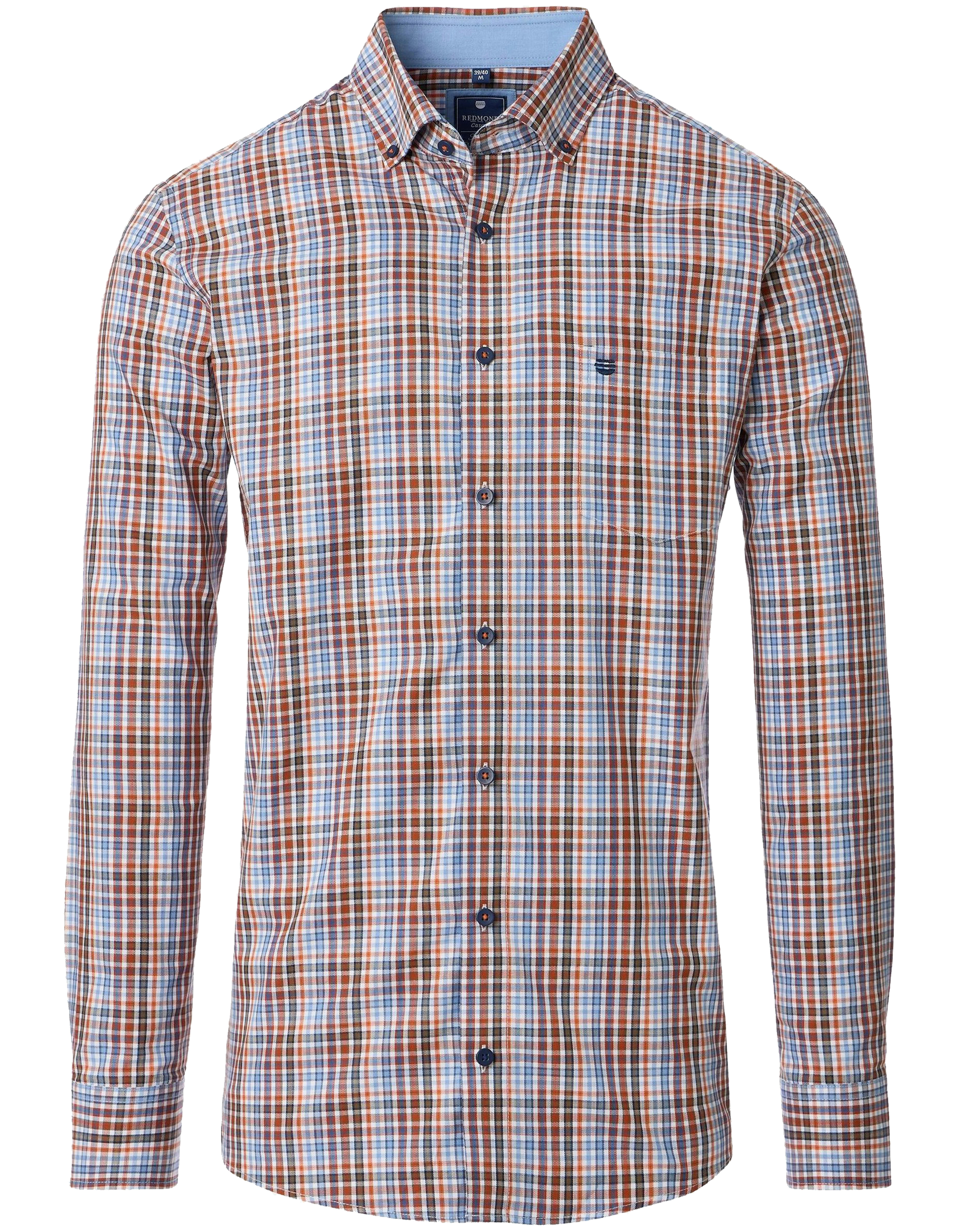 Redmond comfort fit overhemd, twill, bruin, blauw, oranje en wit geruit