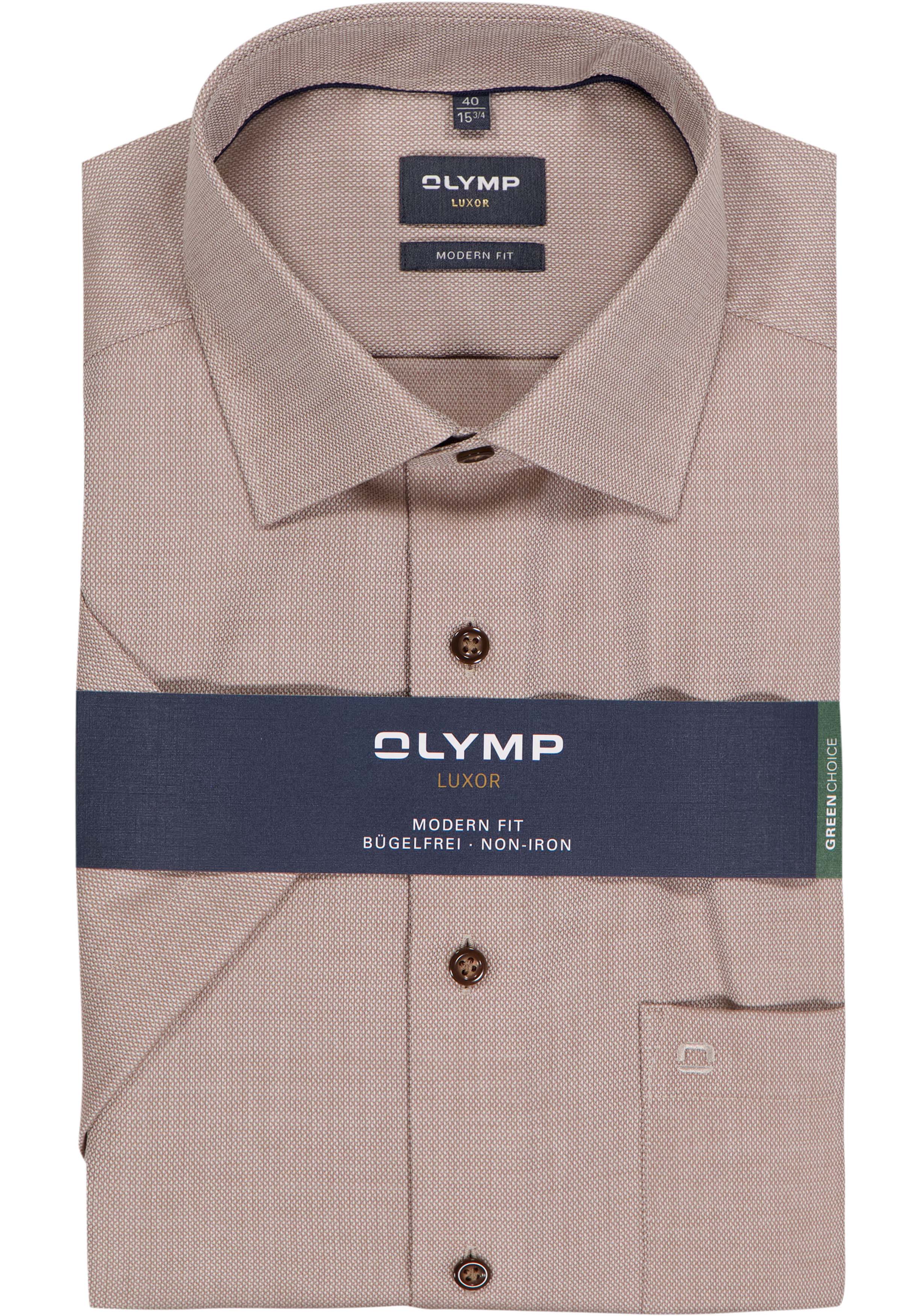 OLYMP Luxor modern fit overhemd, korte mouw, structuur, noga bruin