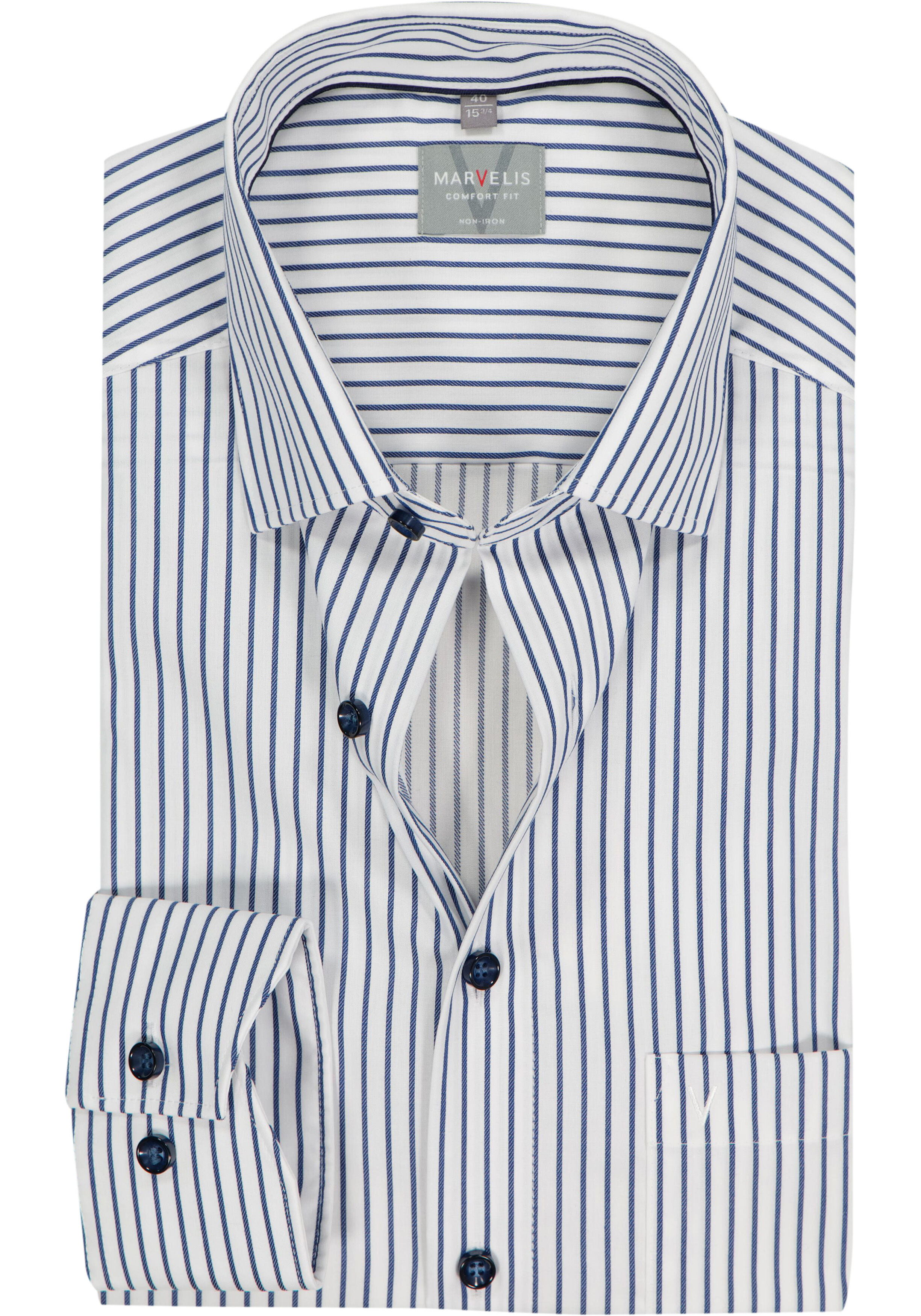 MARVELIS comfort fit overhemd, popeline, wit met donkerblauw gestreept