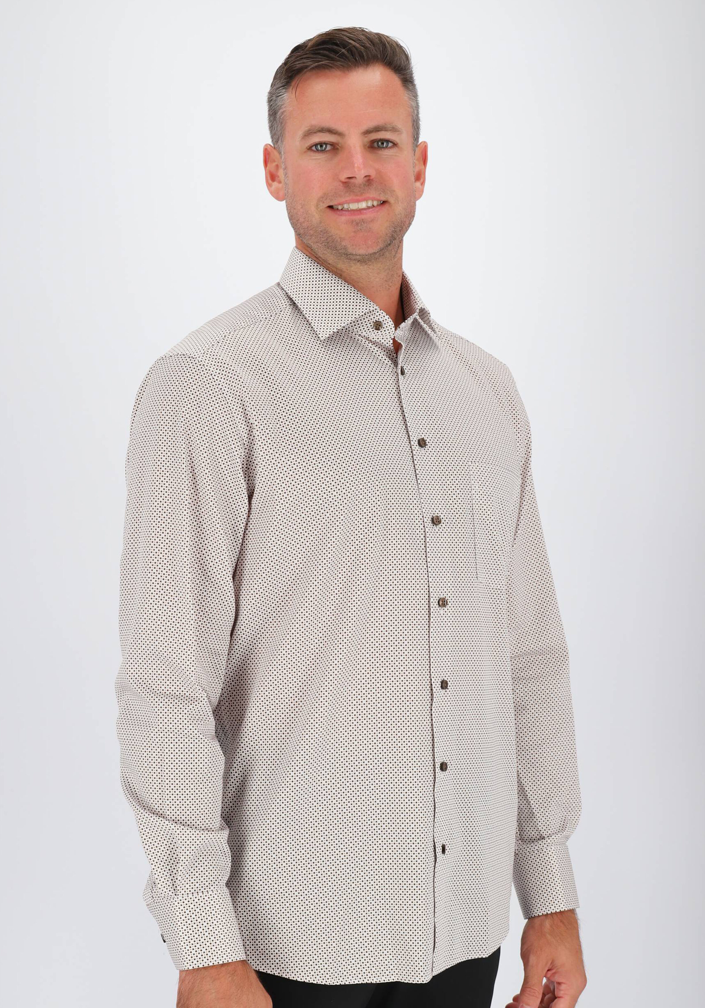 ETERNA modern fit overhemd, satijnbinding, wit met bruin, beige en lichtblauw dessin