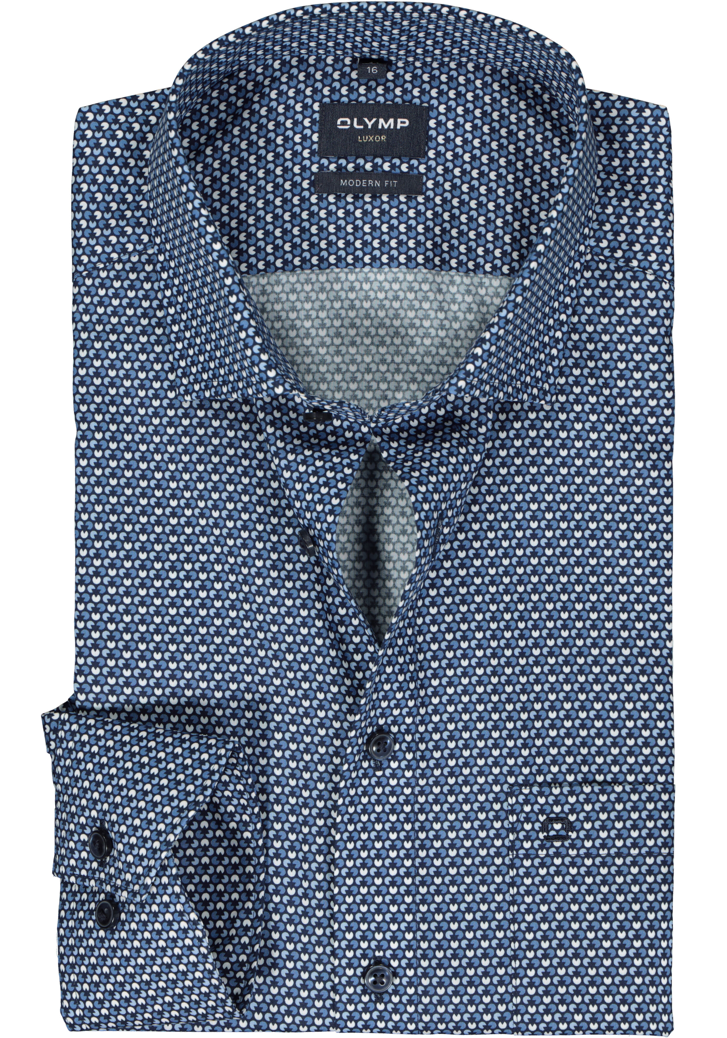 OLYMP modern fit overhemd, popeline, blauw met wit dessin