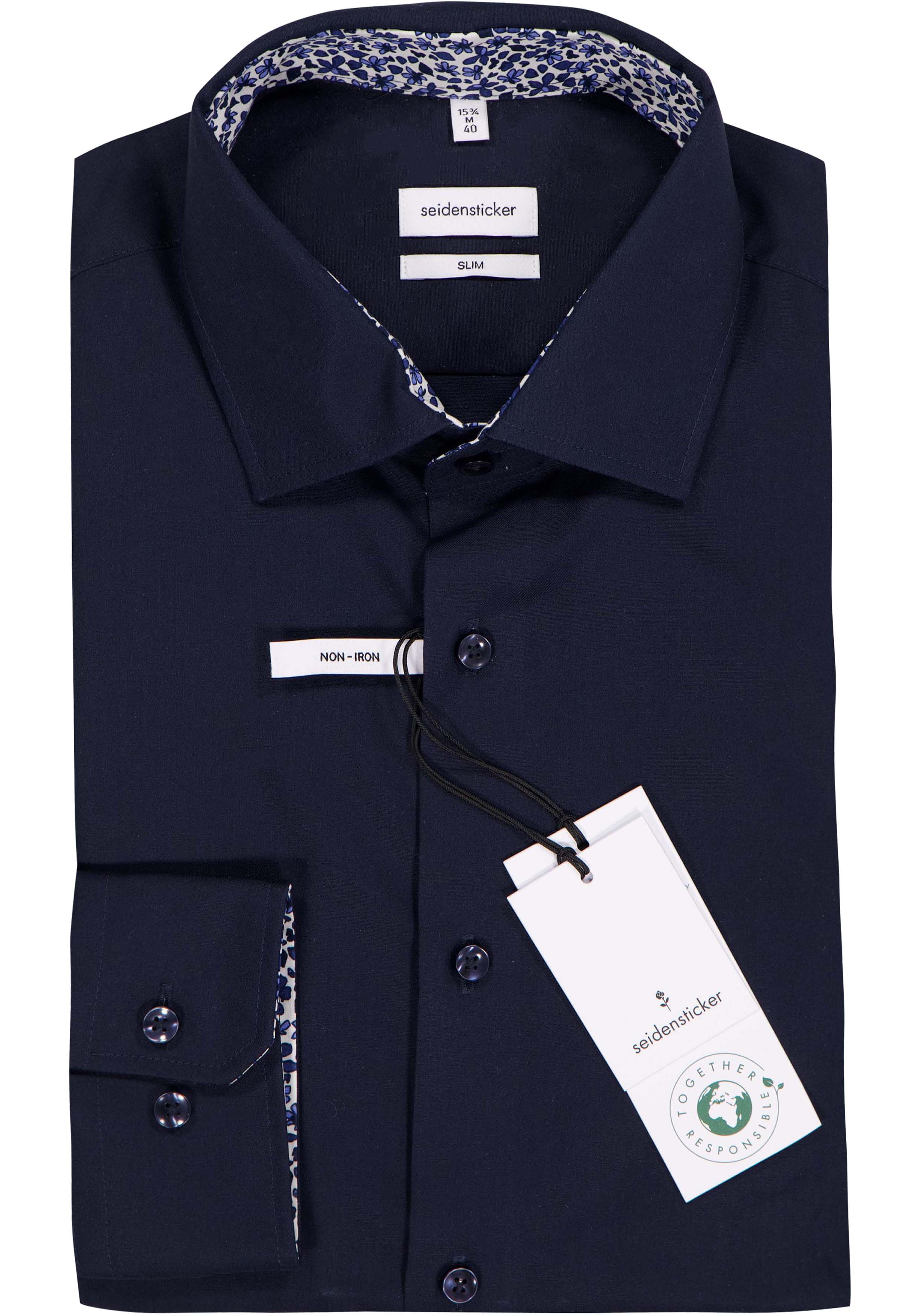 Seidensticker slim fit overhemd, mouwlengte 7, popeline, blauw